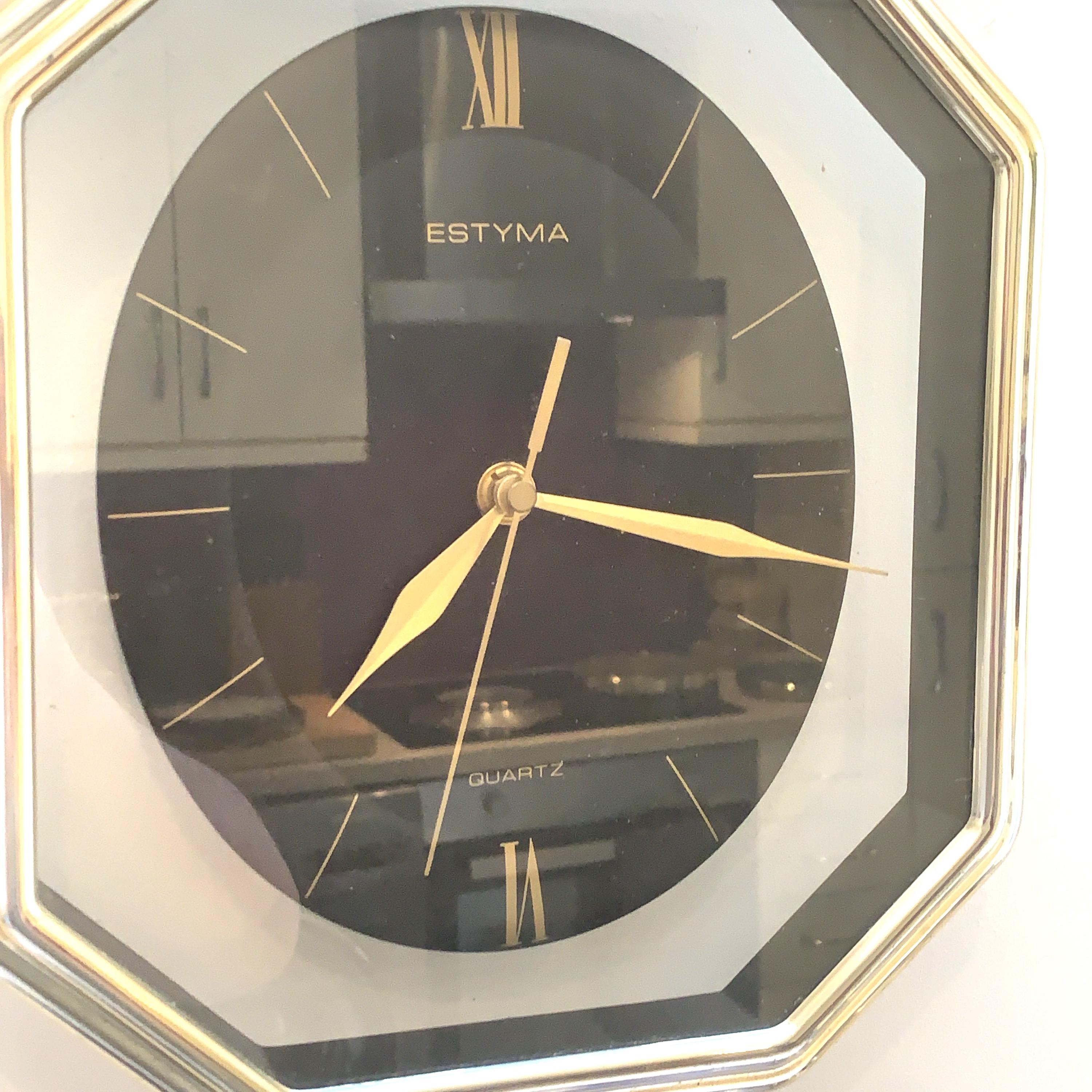 Estyma Octagonal Wall Clock – 1970s Black Dial, Gold Roman Numerals, Clear Panel