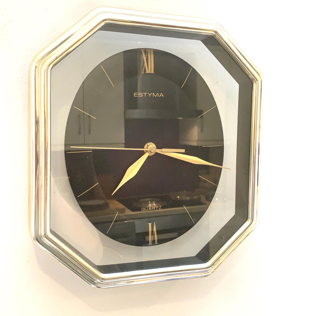 Estyma Octagonal Wall Clock – 1970s Black Dial, Gold Roman Numerals, Clear Panel