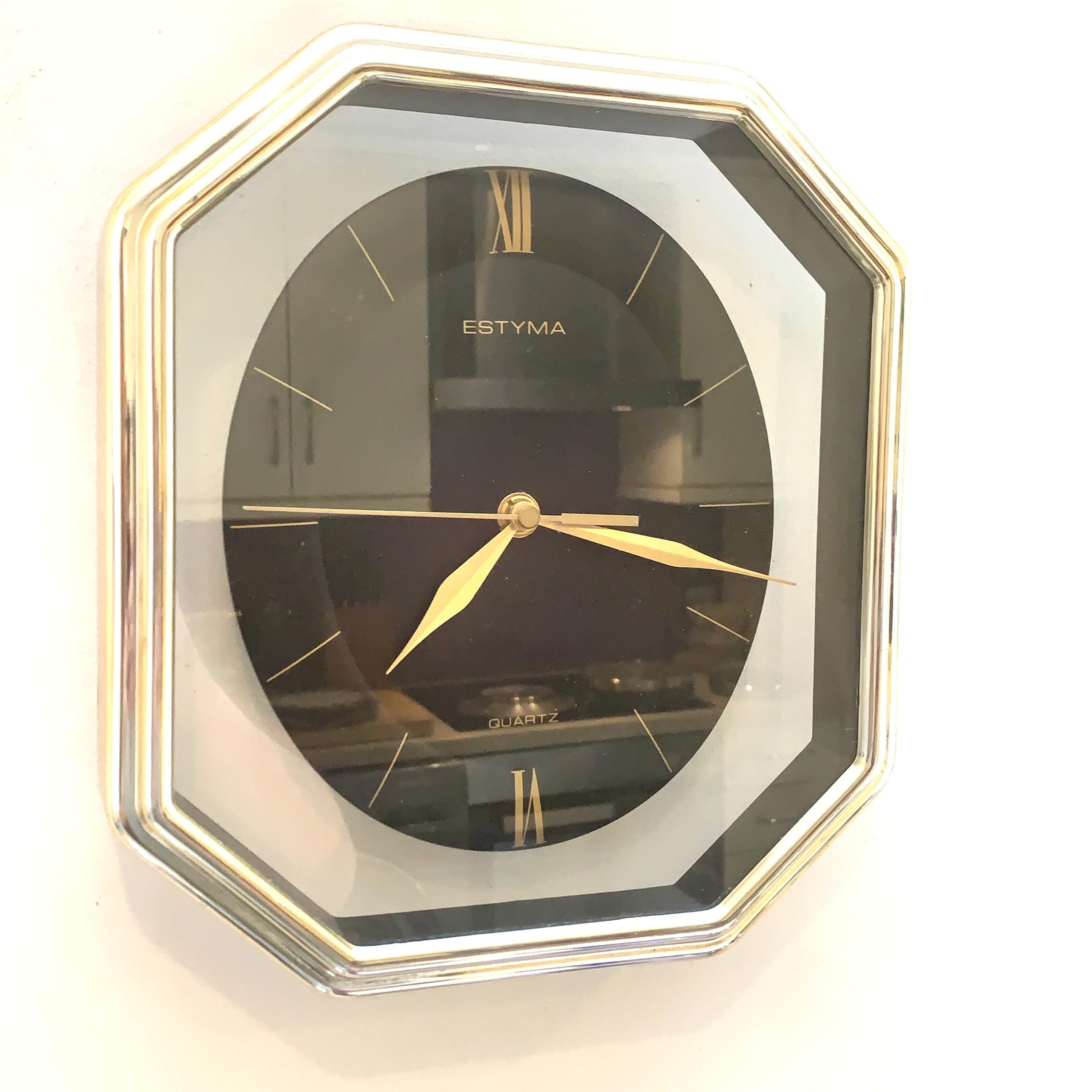 Estyma Octagonal Wall Clock – 1970s Black Dial, Gold Roman Numerals, Clear Panel