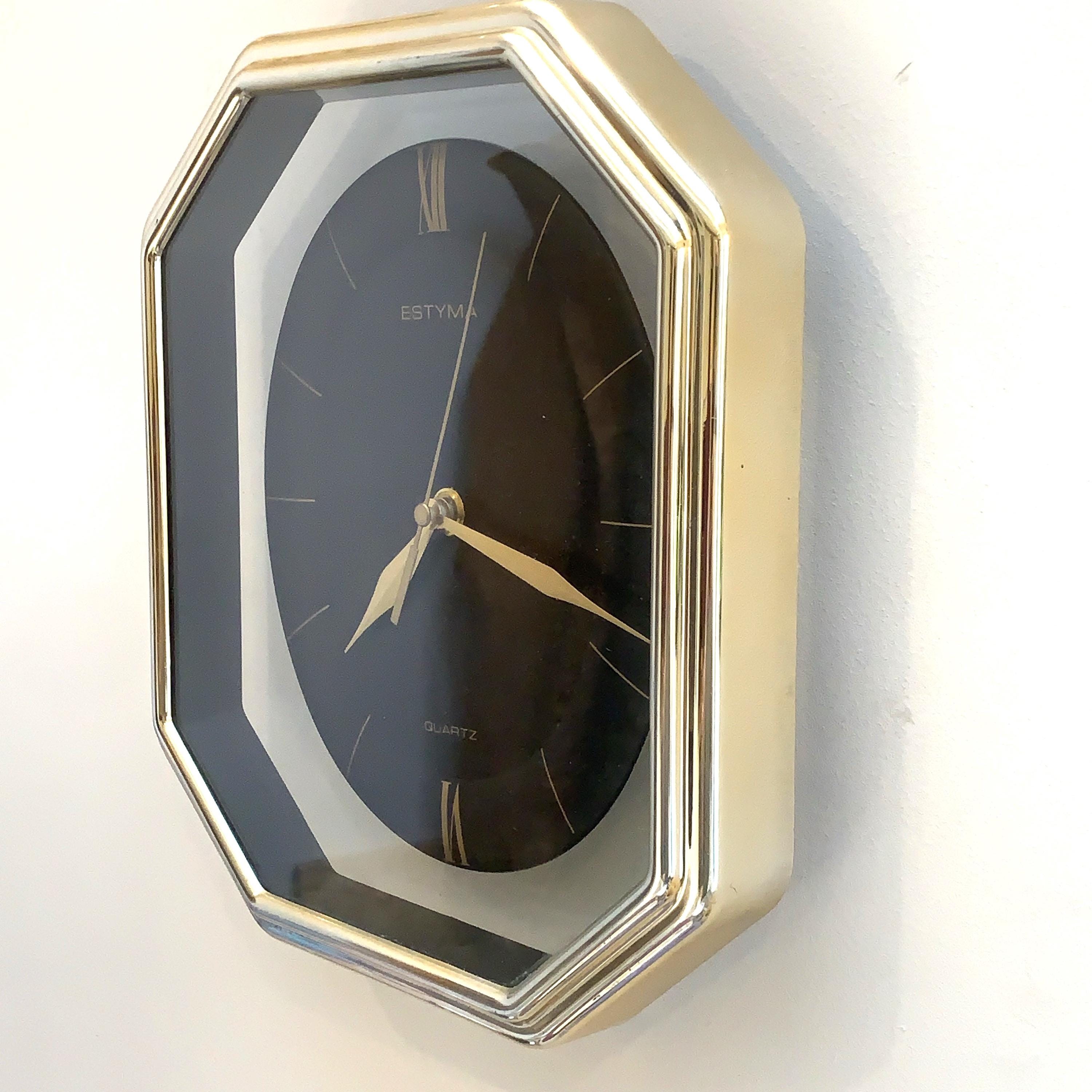 Estyma Octagonal Wall Clock – 1970s Black Dial, Gold Roman Numerals, Clear Panel