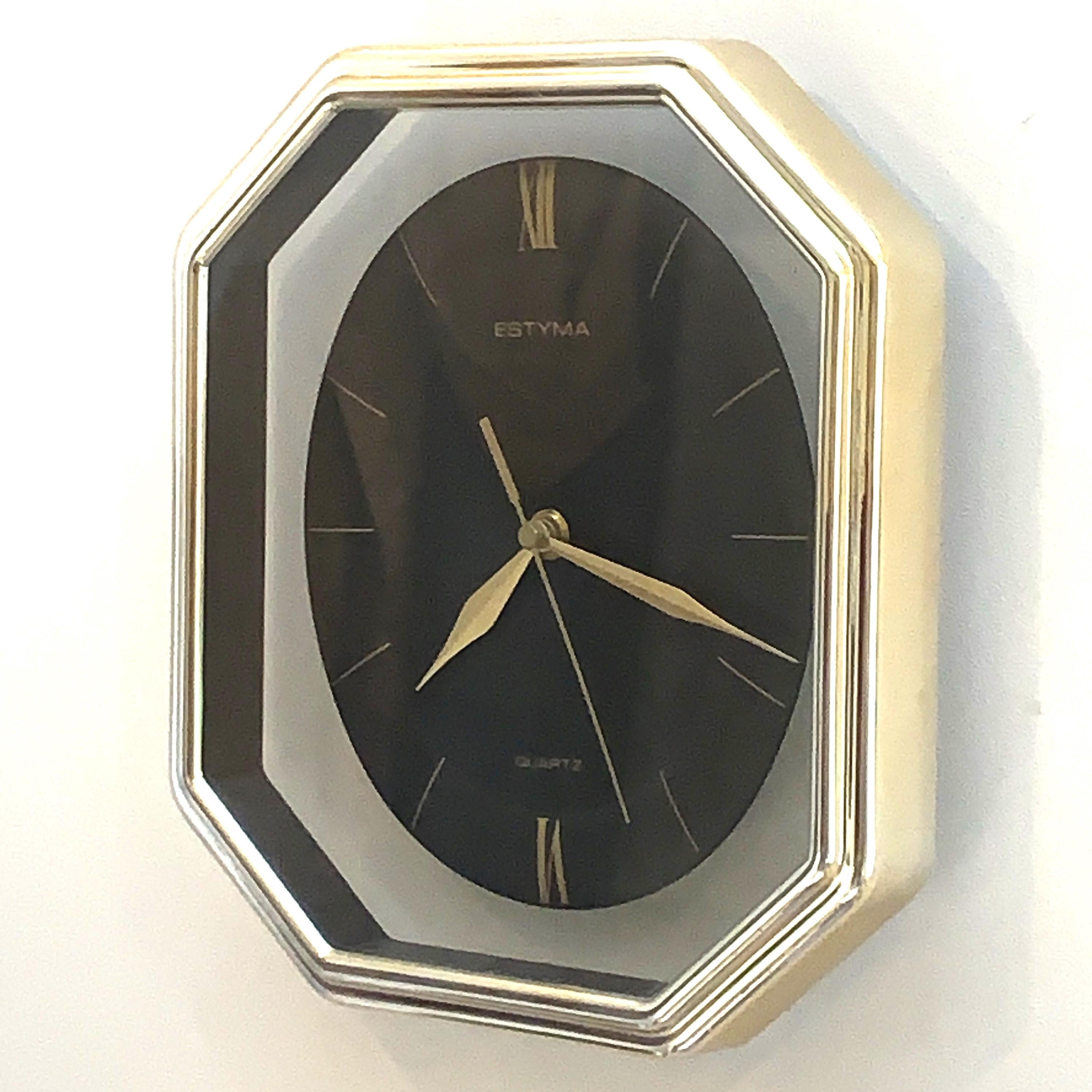 Estyma Octagonal Wall Clock – 1970s Black Dial, Gold Roman Numerals, Clear Panel