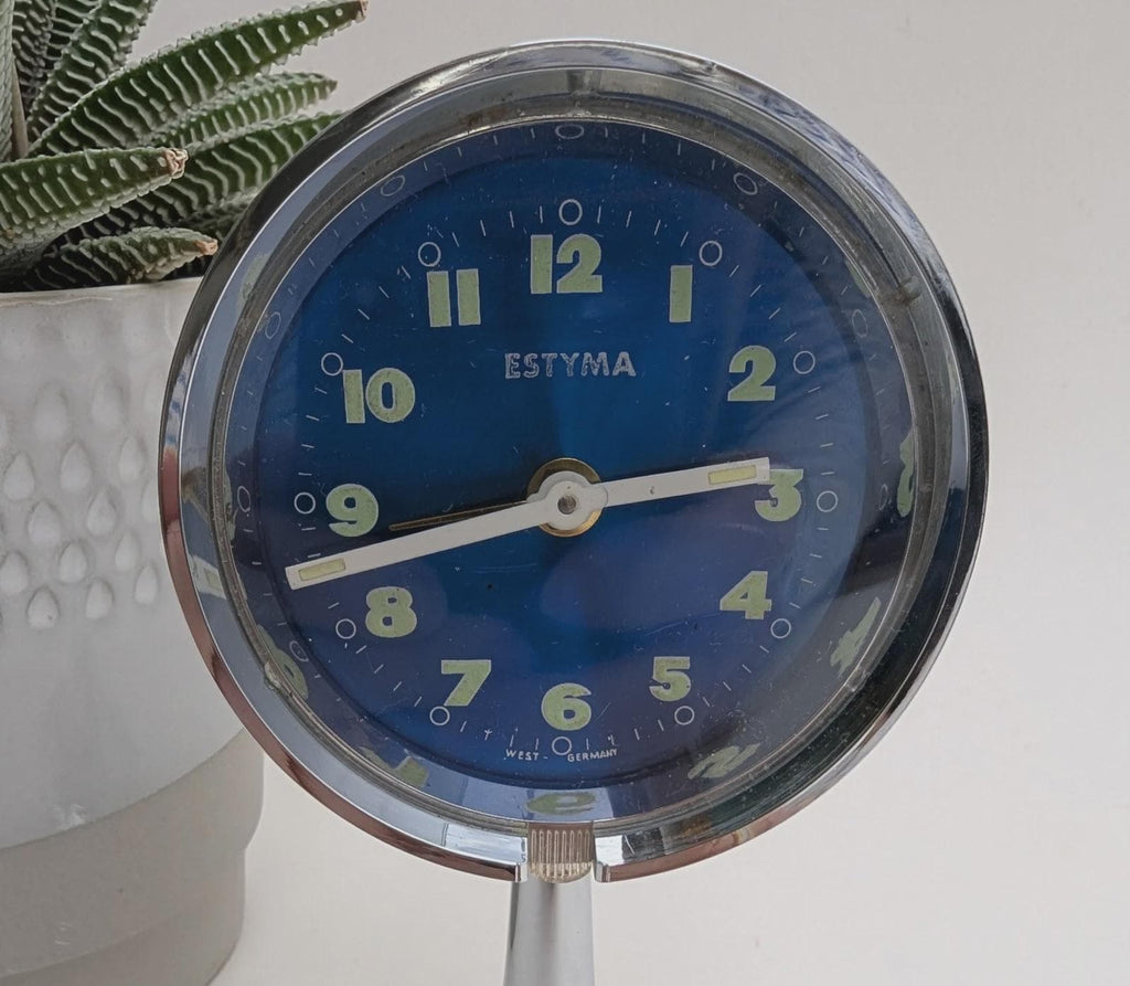 Estyma Tulip Alarm Clock – 1960s West German Space Age Chrome, Blue Luminous Dial