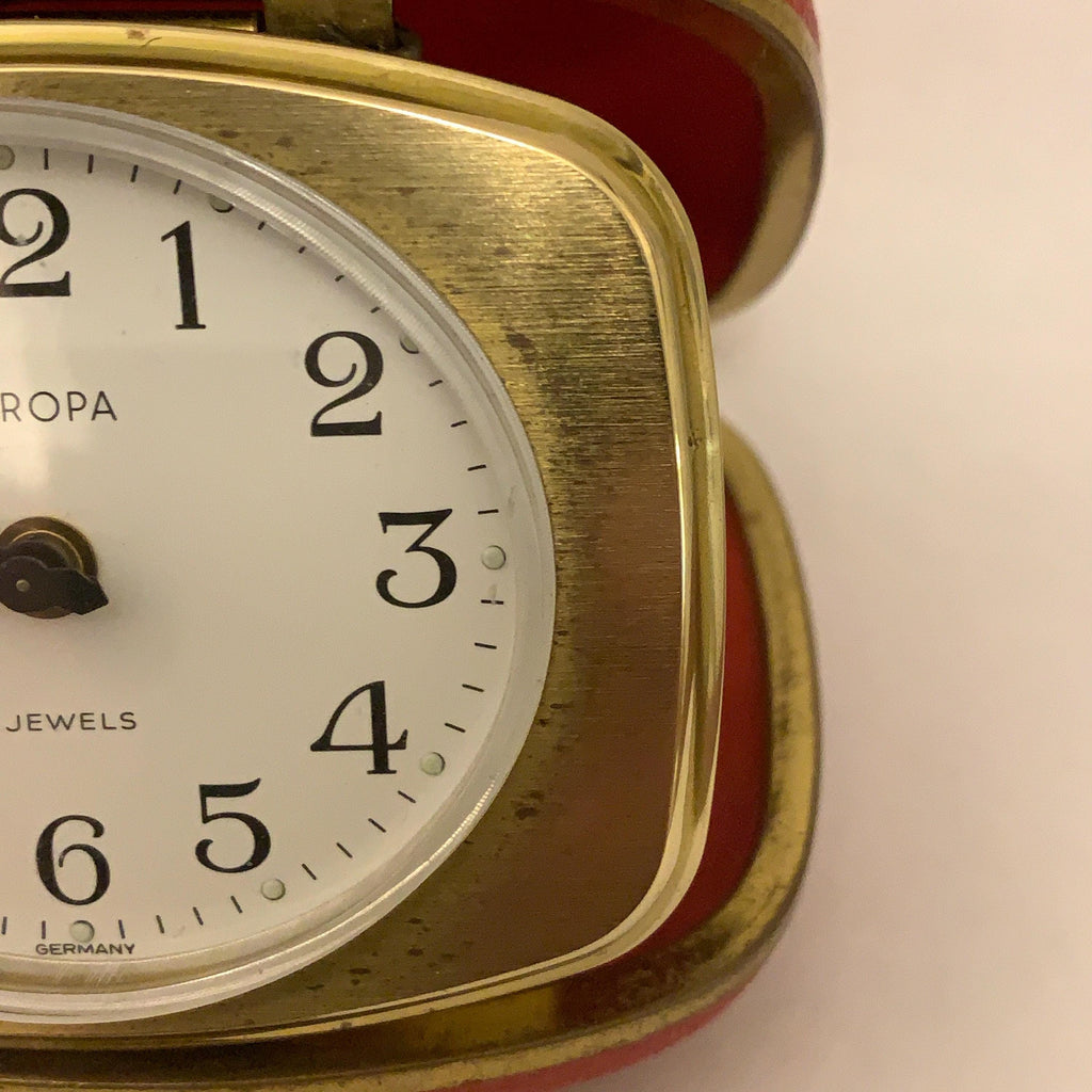 Europa Travel Alarm Clock – Red Leatherette Case, Germany, 2 Jewels, 1960s