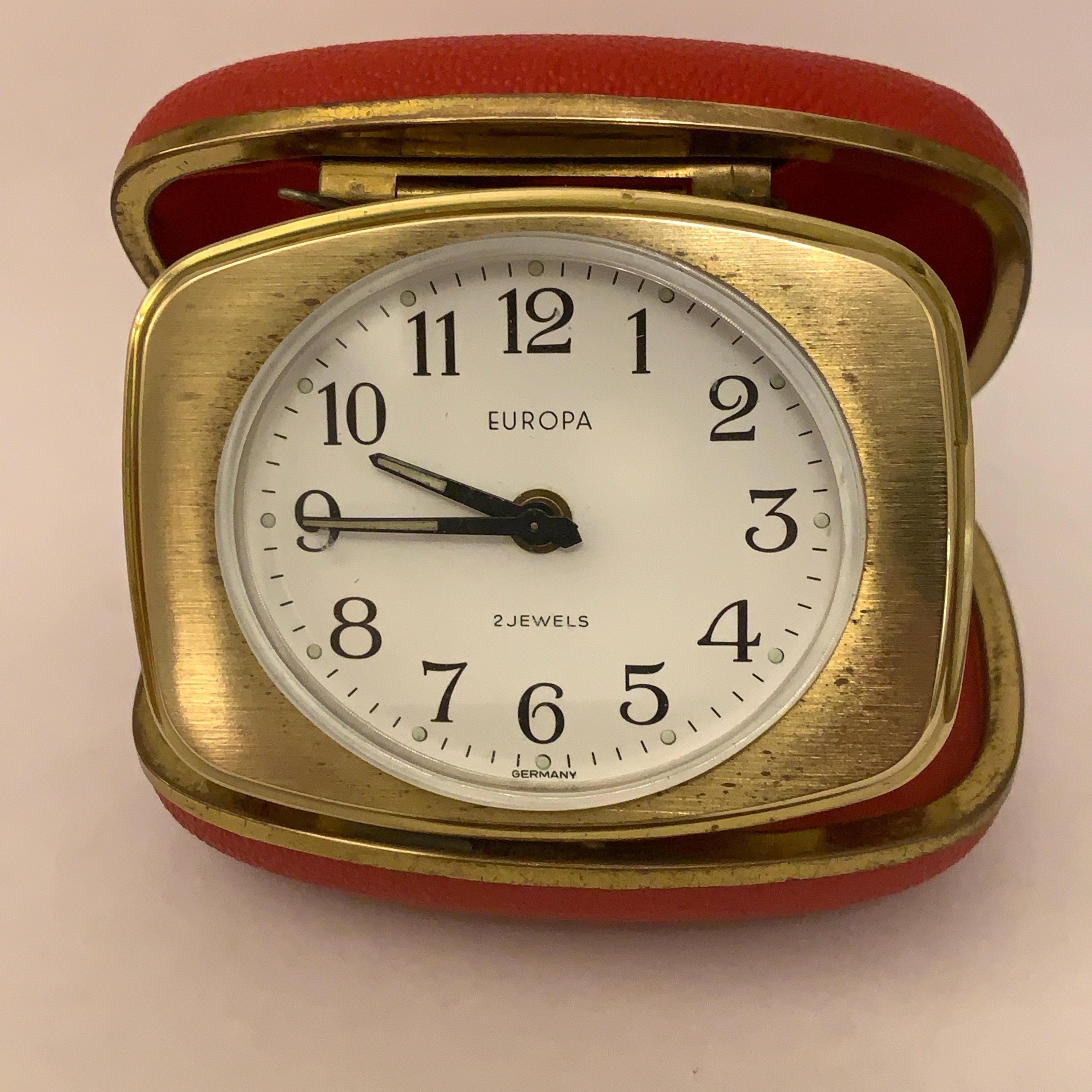 Europa Travel Alarm Clock – Red Leatherette Case, Germany, 2 Jewels, 1960s