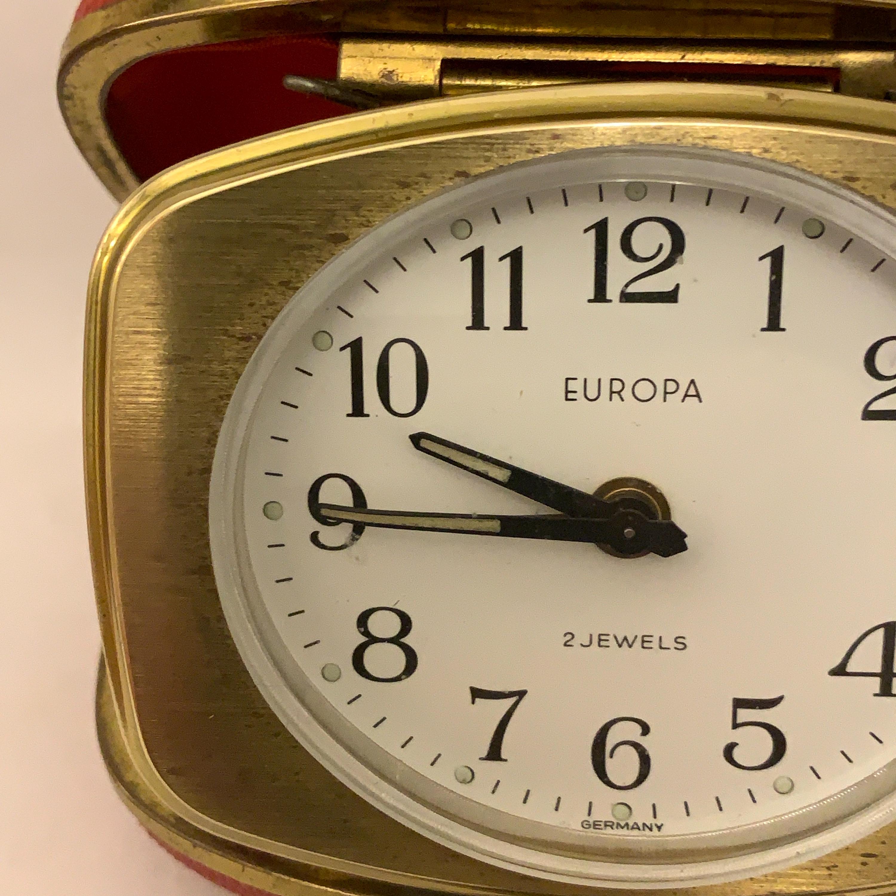 Europa Travel Alarm Clock – Red Leatherette Case, Germany, 2 Jewels, 1960s