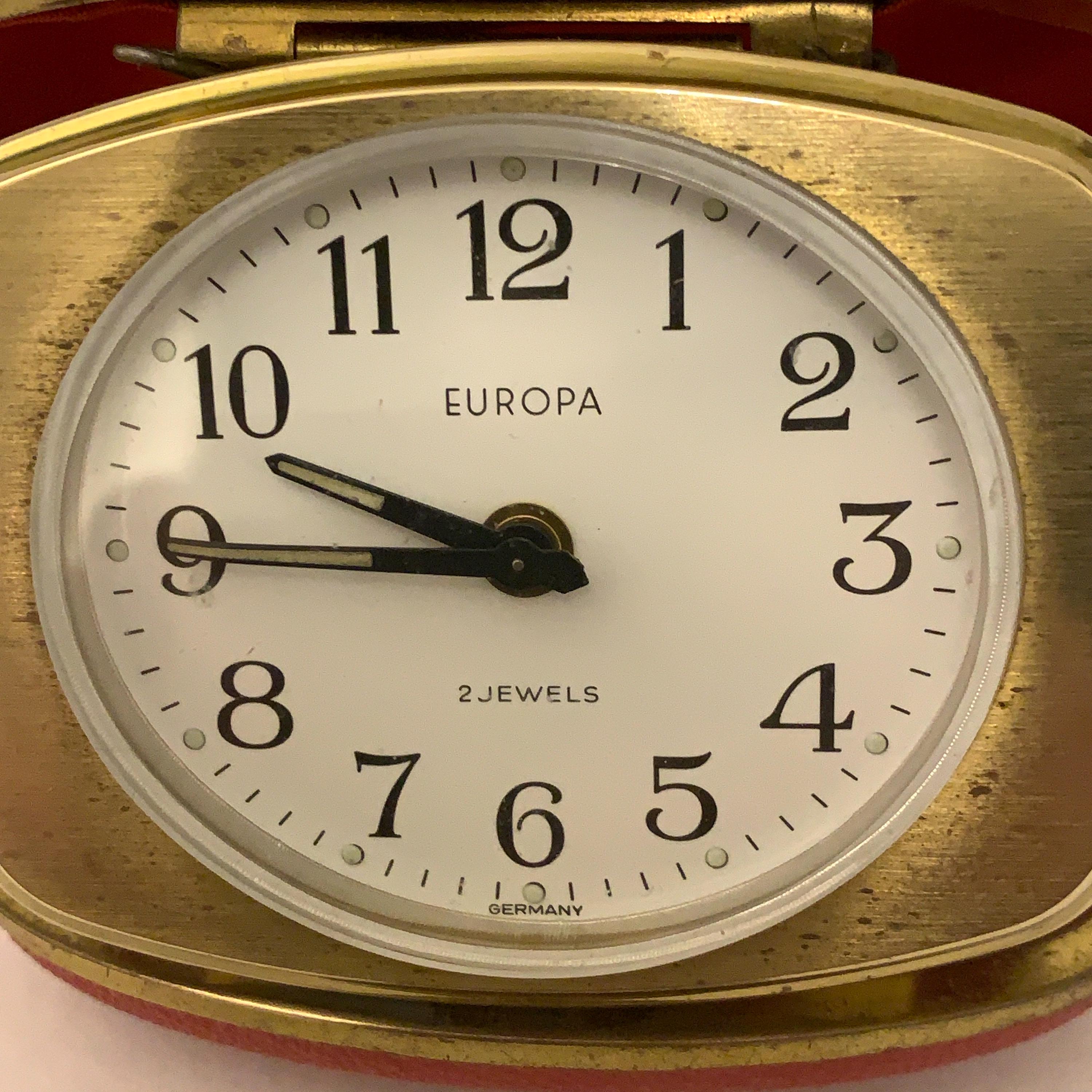 Europa Travel Alarm Clock – Red Leatherette Case, Germany, 2 Jewels, 1960s