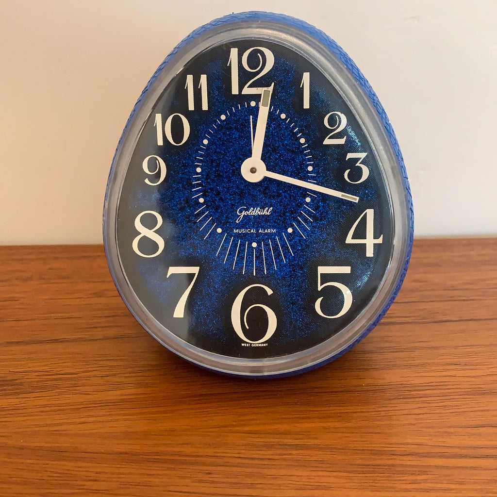 Goldbühl Musical Alarm Clock – Cobalt Blue Glitter Dial, Egg, West Germany 1960s/70s