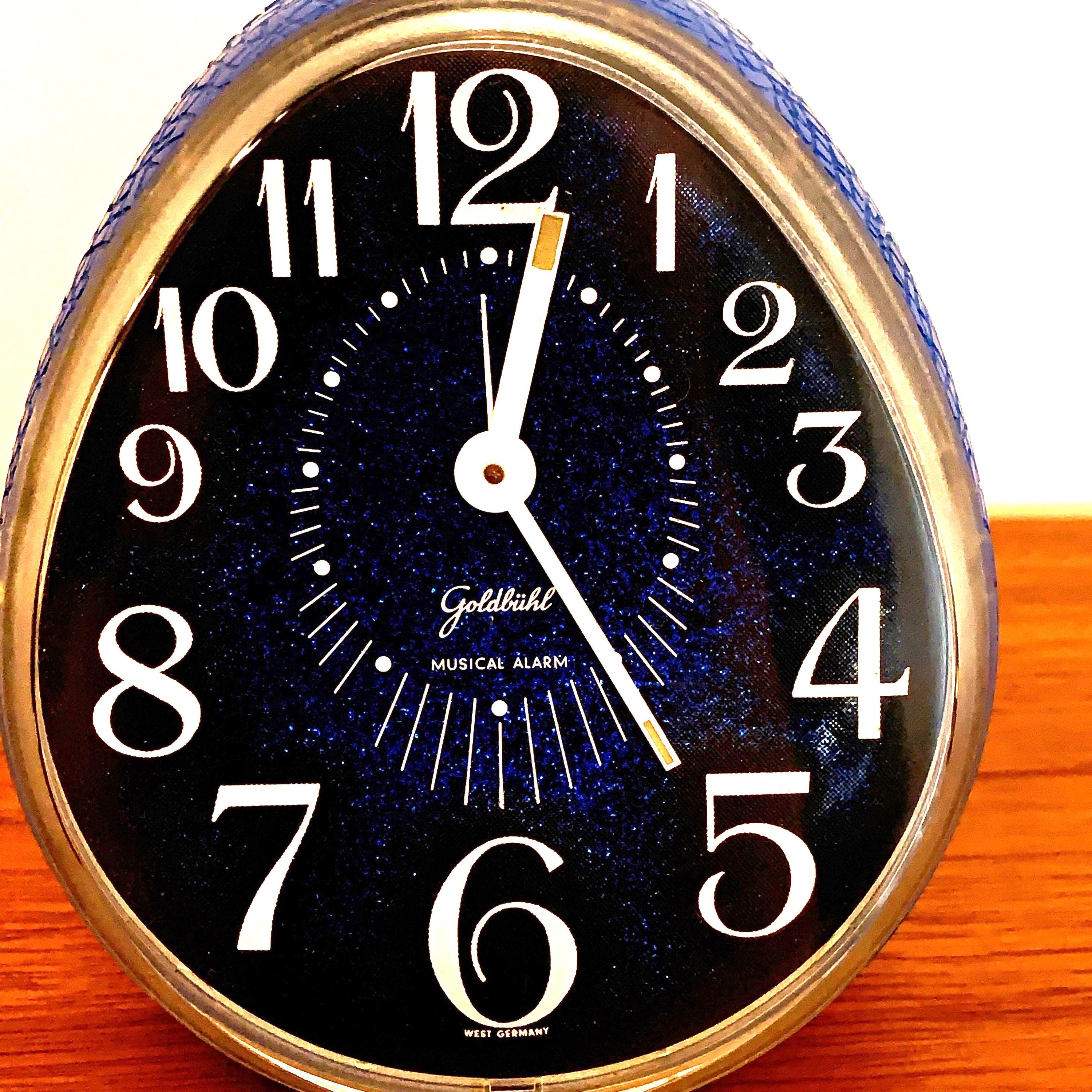 Goldbühl Musical Alarm Clock – Cobalt Blue Glitter Dial, Egg, West Germany 1960s/70s