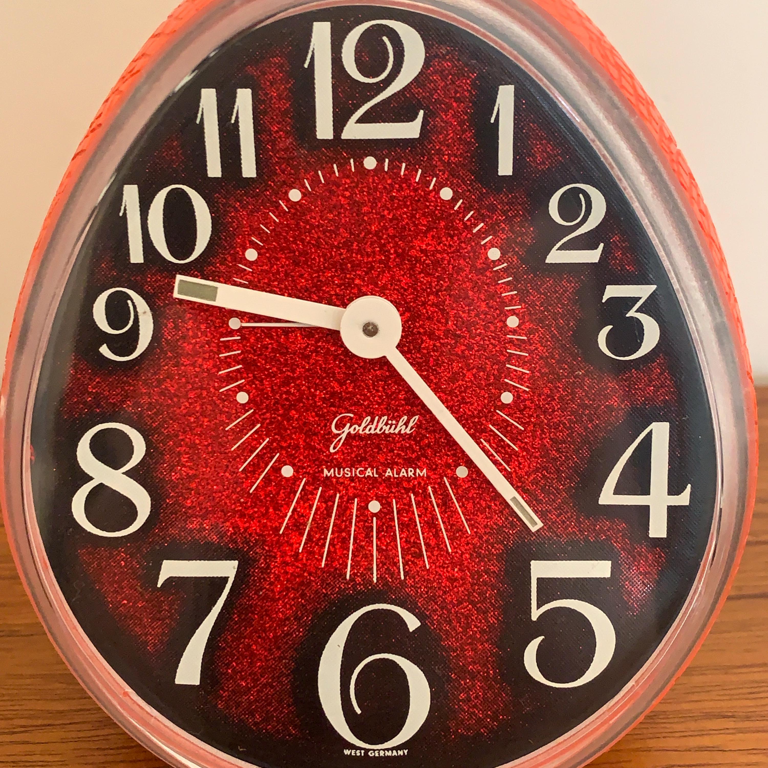 Goldbühl Musical Alarm Clock – Red Glitter Dial, Egg Shape, West Germany 1960s/70s