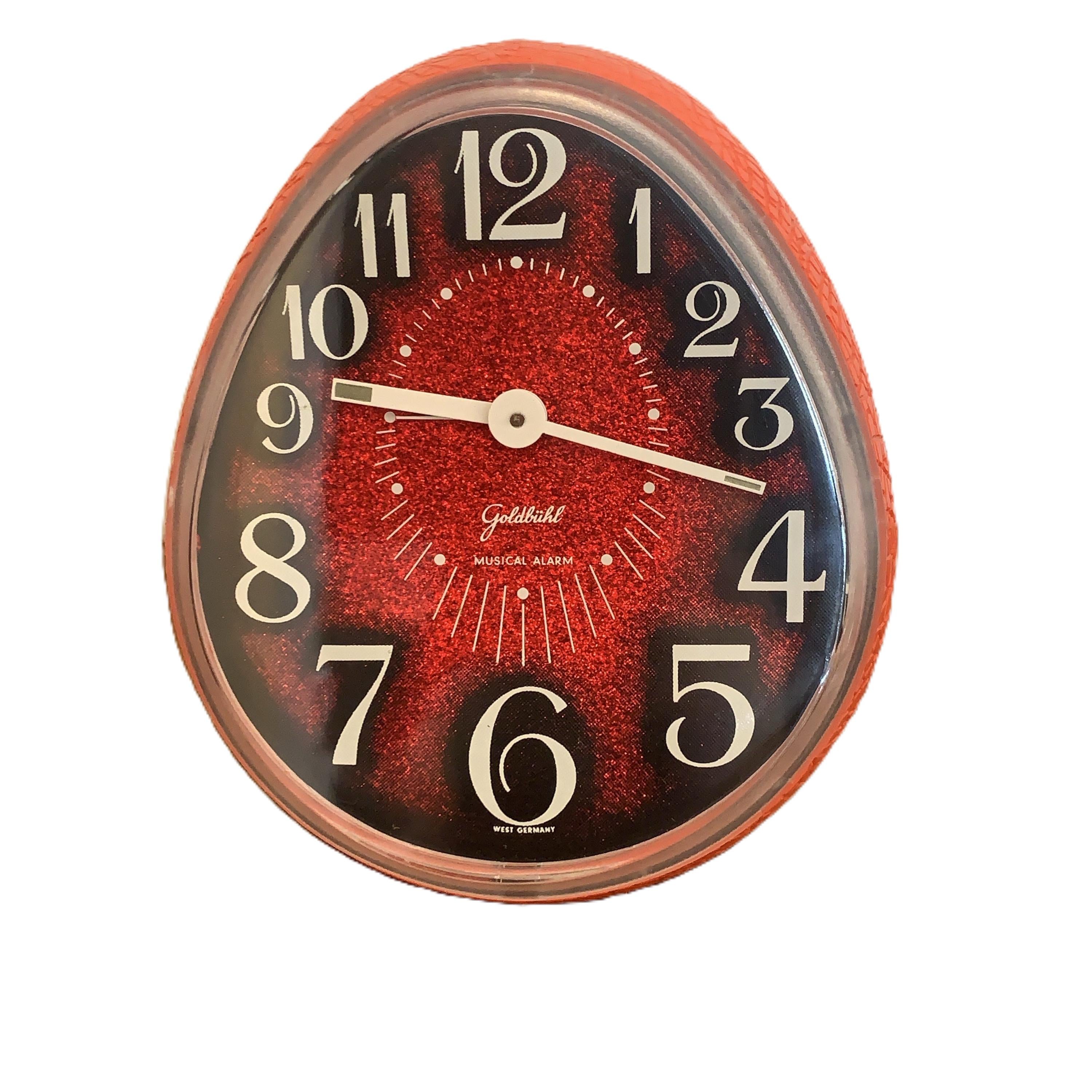 Goldbühl Musical Alarm Clock – Red Glitter Dial, Egg Shape, West Germany 1960s/70s