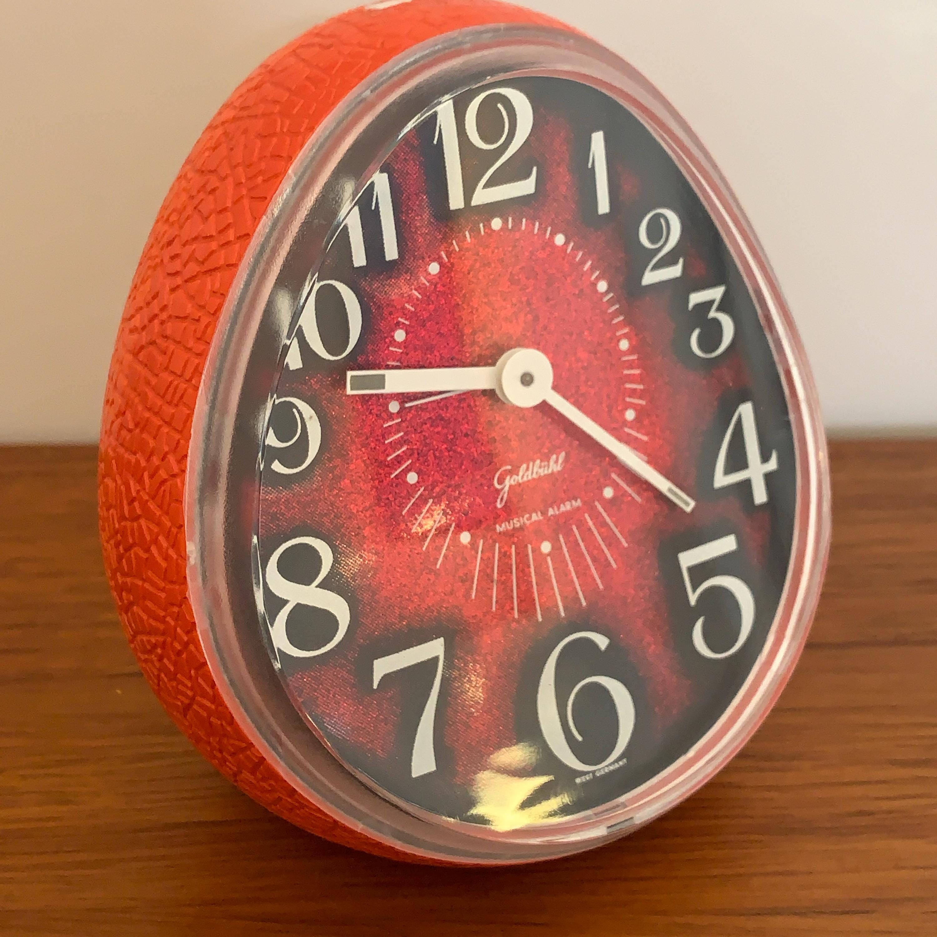Goldbühl Musical Alarm Clock – Red Glitter Dial, Egg Shape, West Germany 1960s/70s