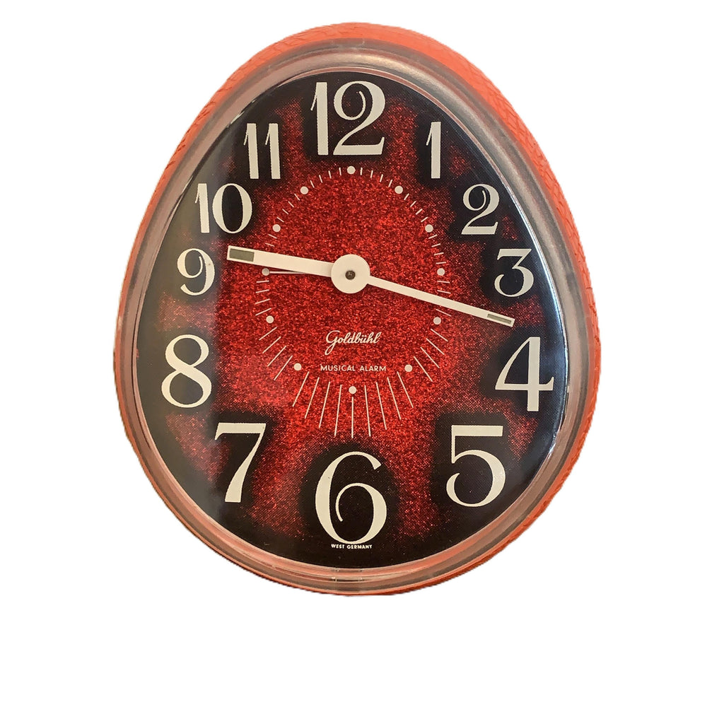 Goldbühl Musical Alarm Clock – Red Glitter Dial, Egg Shape, West Germany 1960s/70s