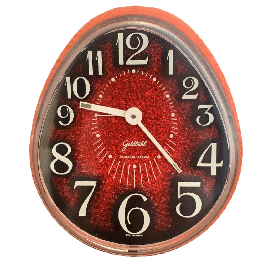 Goldbühl Musical Alarm Clock – Red Glitter Dial, Egg Shape, West Germany 1960s/70s