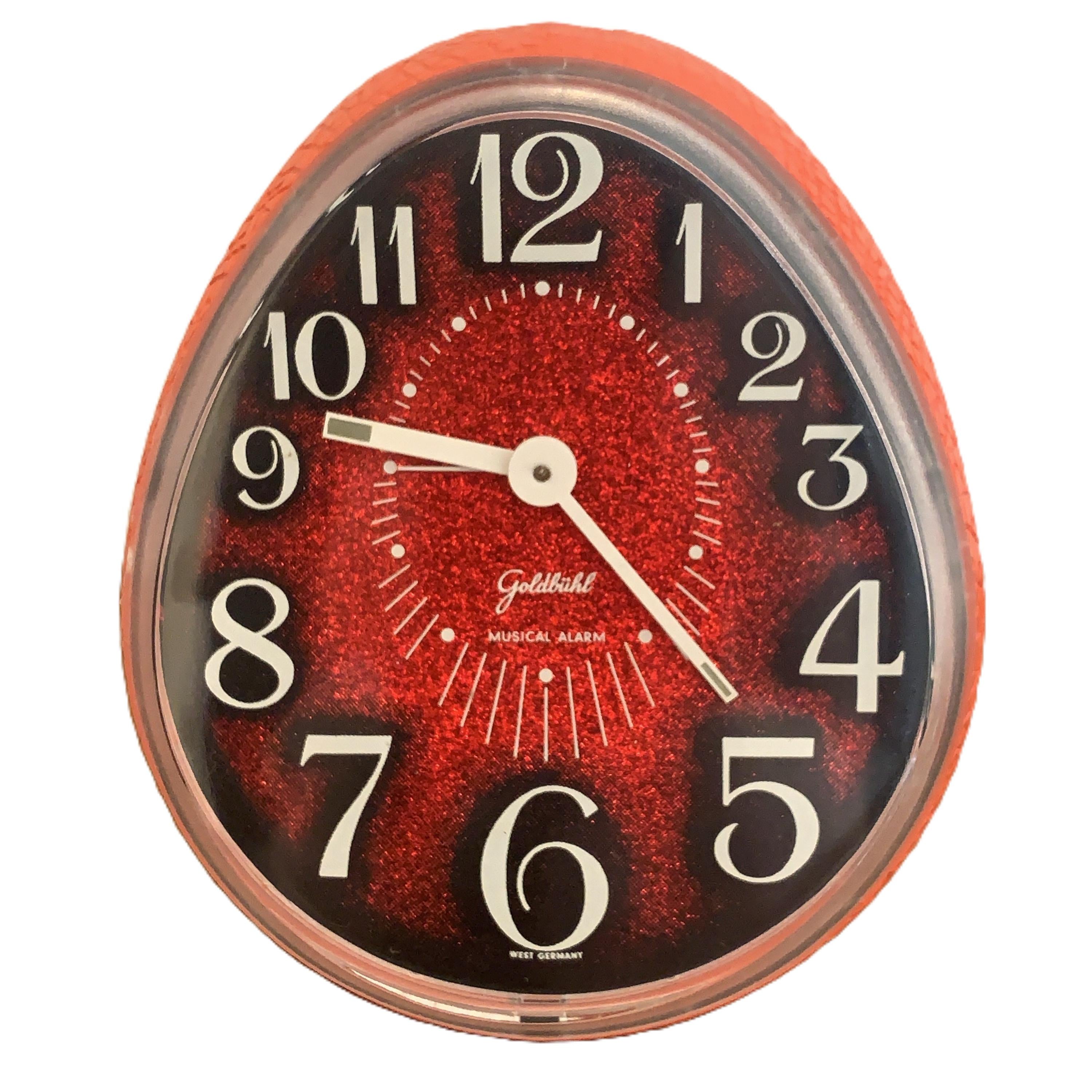 Goldbühl Musical Alarm Clock – Red Glitter Dial, Egg Shape, West Germany 1960s/70s