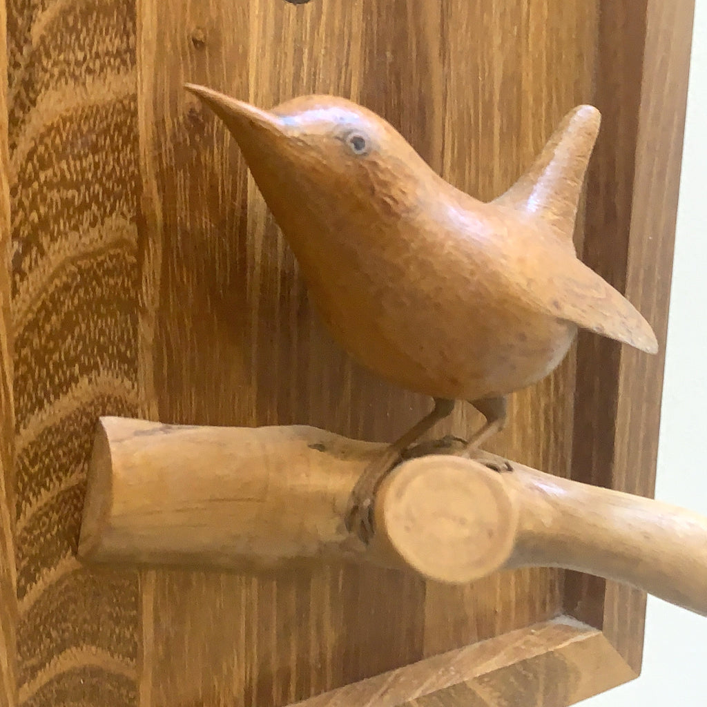 Hand Carved Wren Wall Clock Vintage Oak 1970s Isle of Wight Folk Art