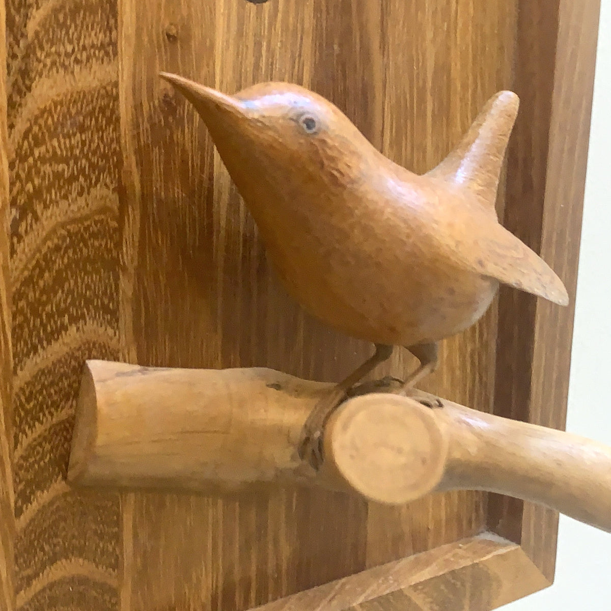 Hand Carved Wren Wall Clock Vintage Oak 1970s Isle of Wight Folk Art