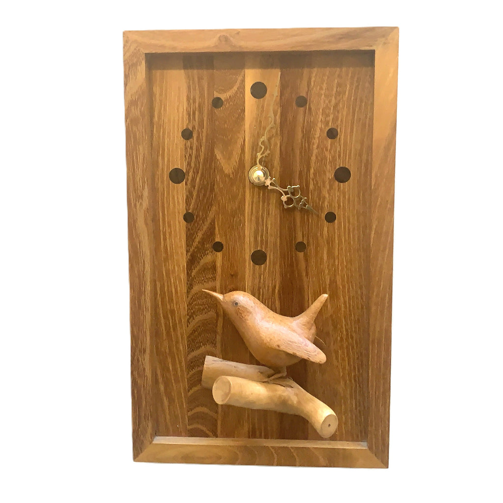 Hand Carved Wren Wall Clock Vintage Oak 1970s Isle of Wight Folk Art