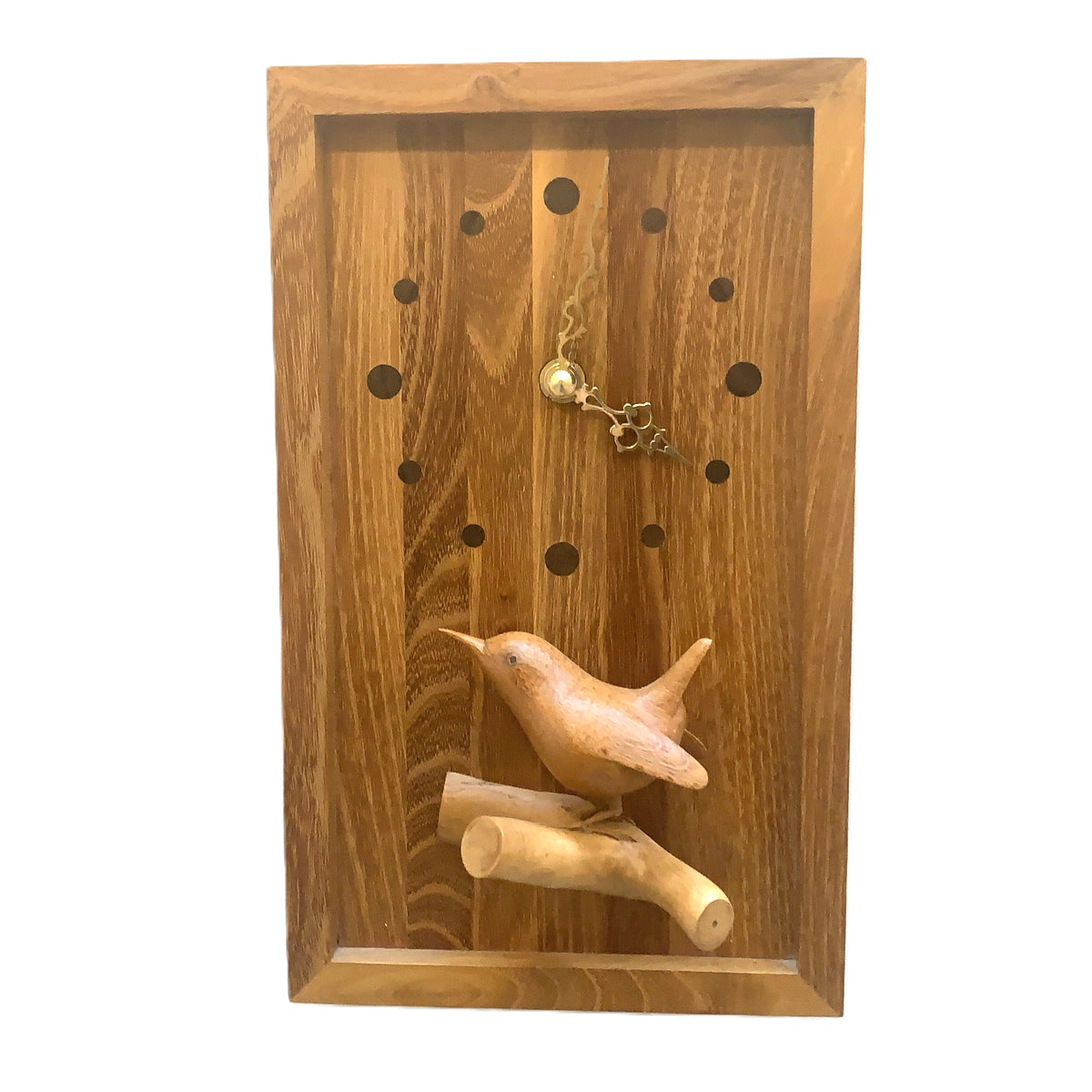 Hand Carved Wren Wall Clock Vintage Oak 1970s Isle of Wight Folk Art