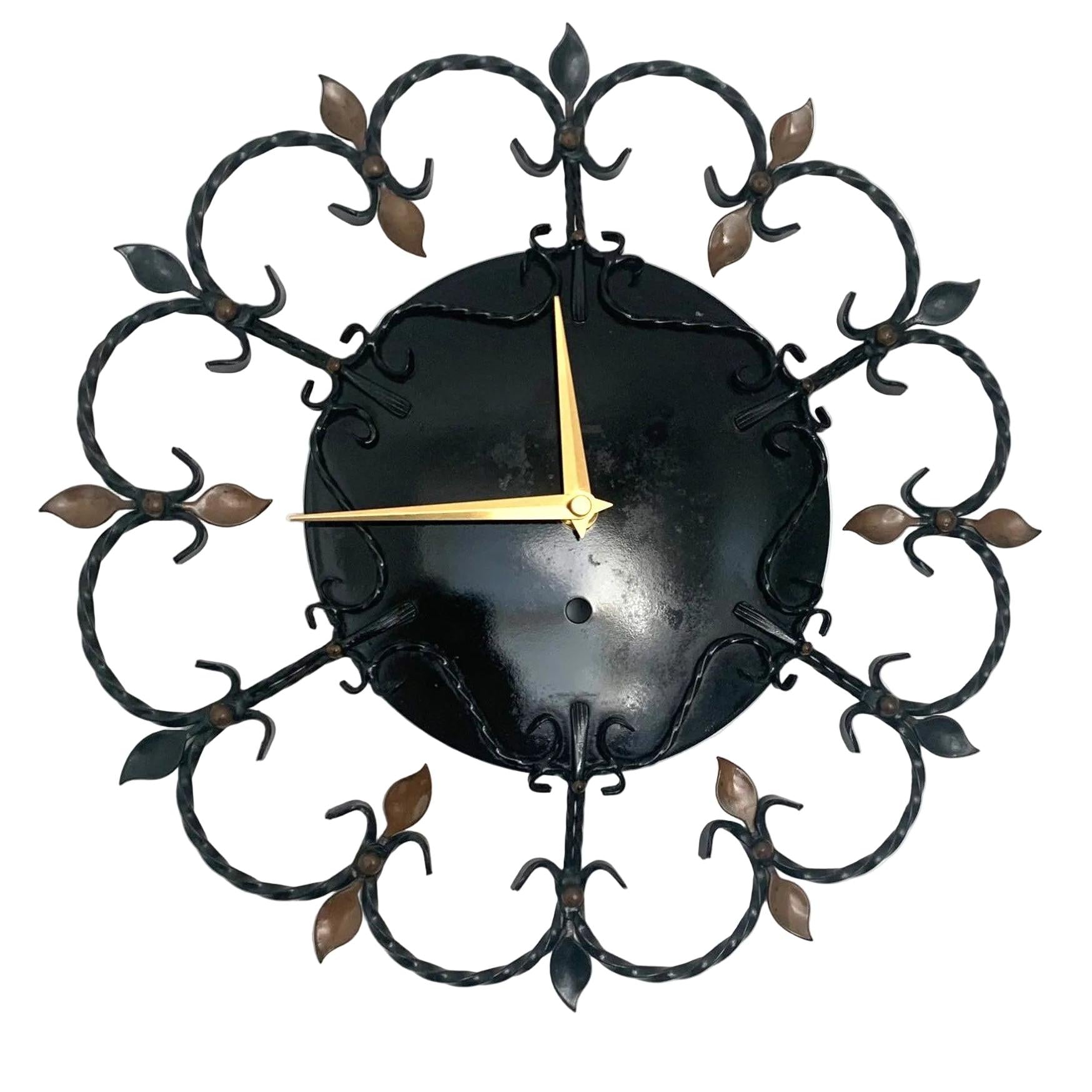 Junghans 1950s Wrought Iron Wall Clock – Scrollwork Brass Leaf Details Gold Hands 13.5 Inch Quartz