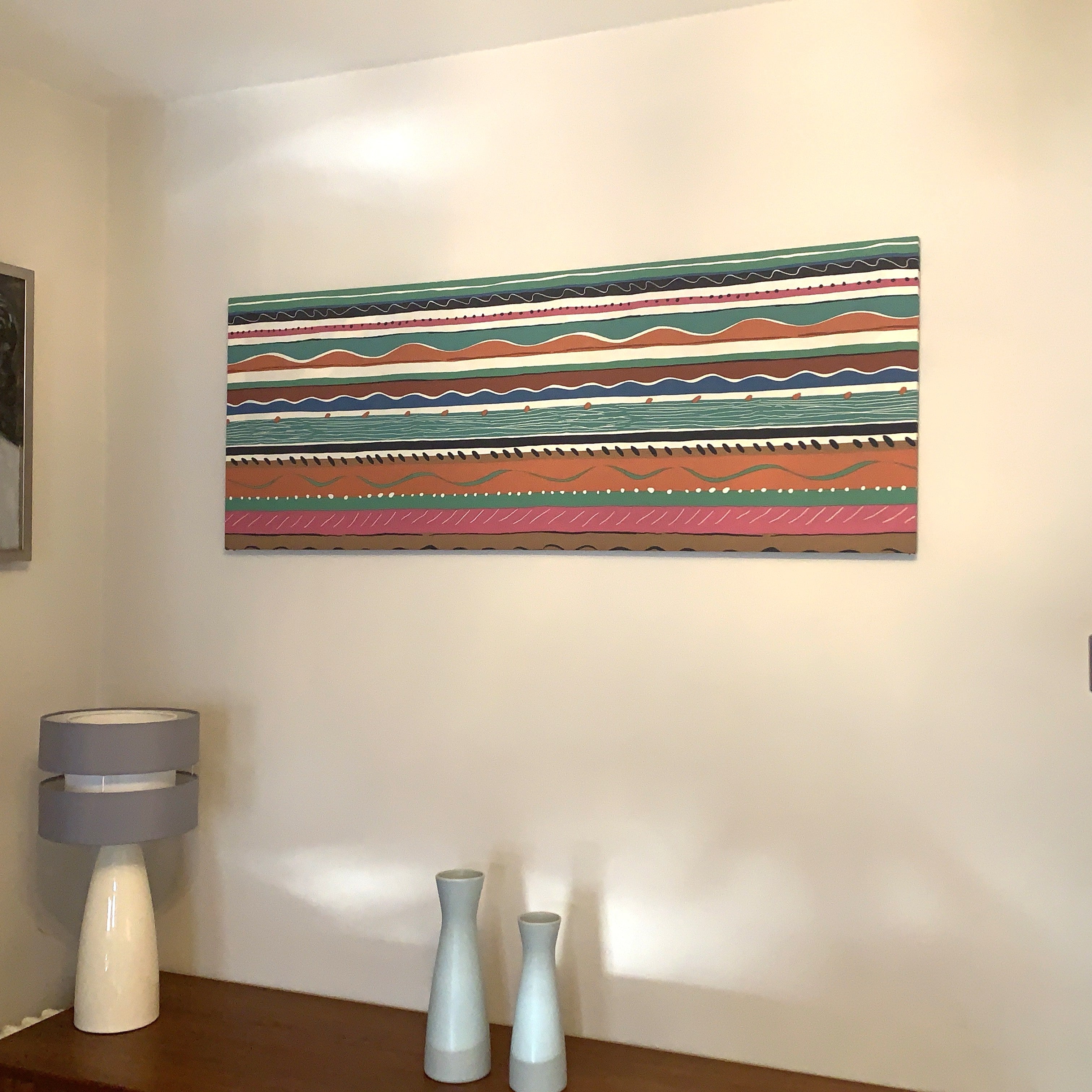 Collier Campbell Balcony Stripe Academy Fabrics Textile Wall Art – 1980s Painted Stripe Framed Panel