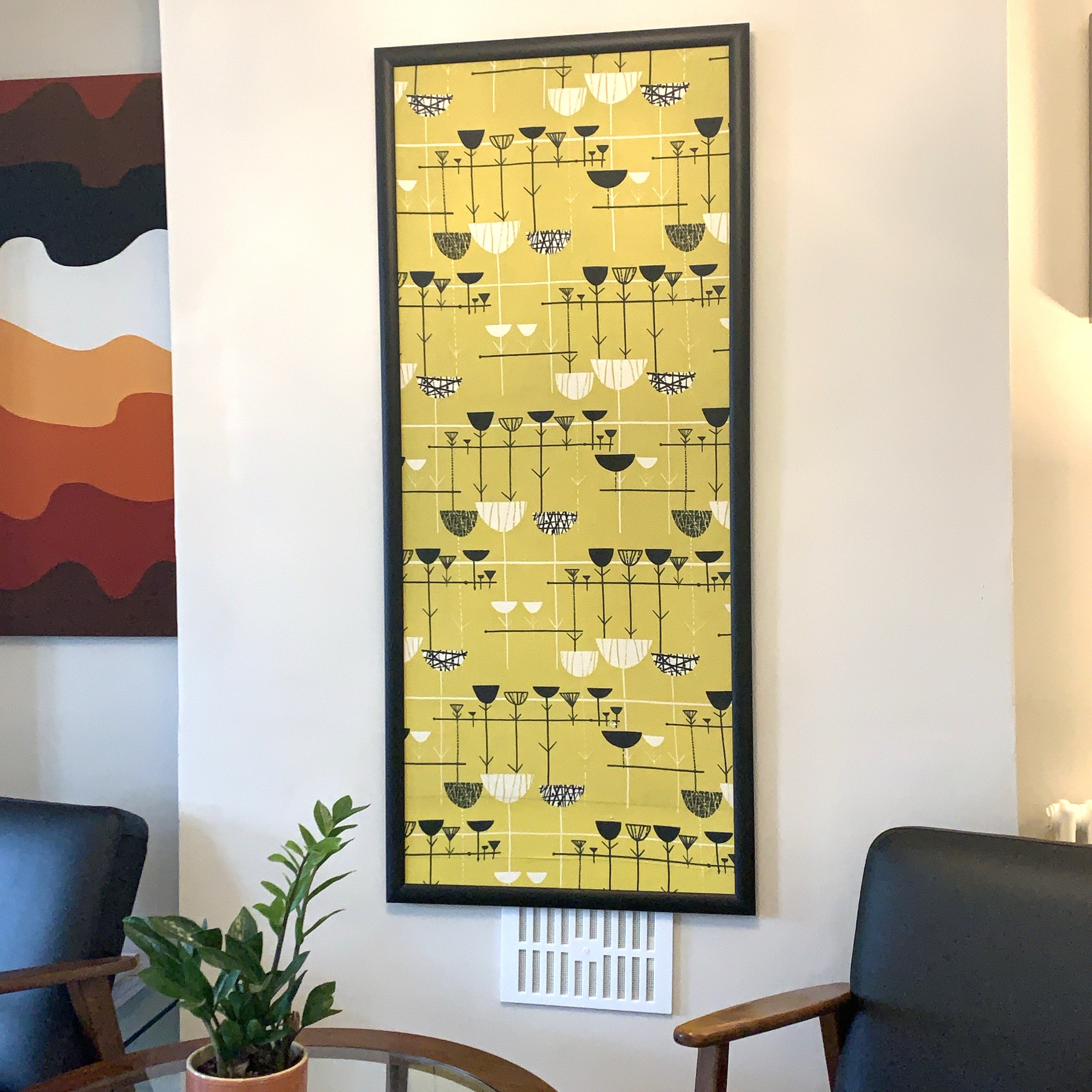 Marian Mahler Linear Flowers 1953 David Whitehead Textile Wall Art – Mid Century Modern Framed Panel