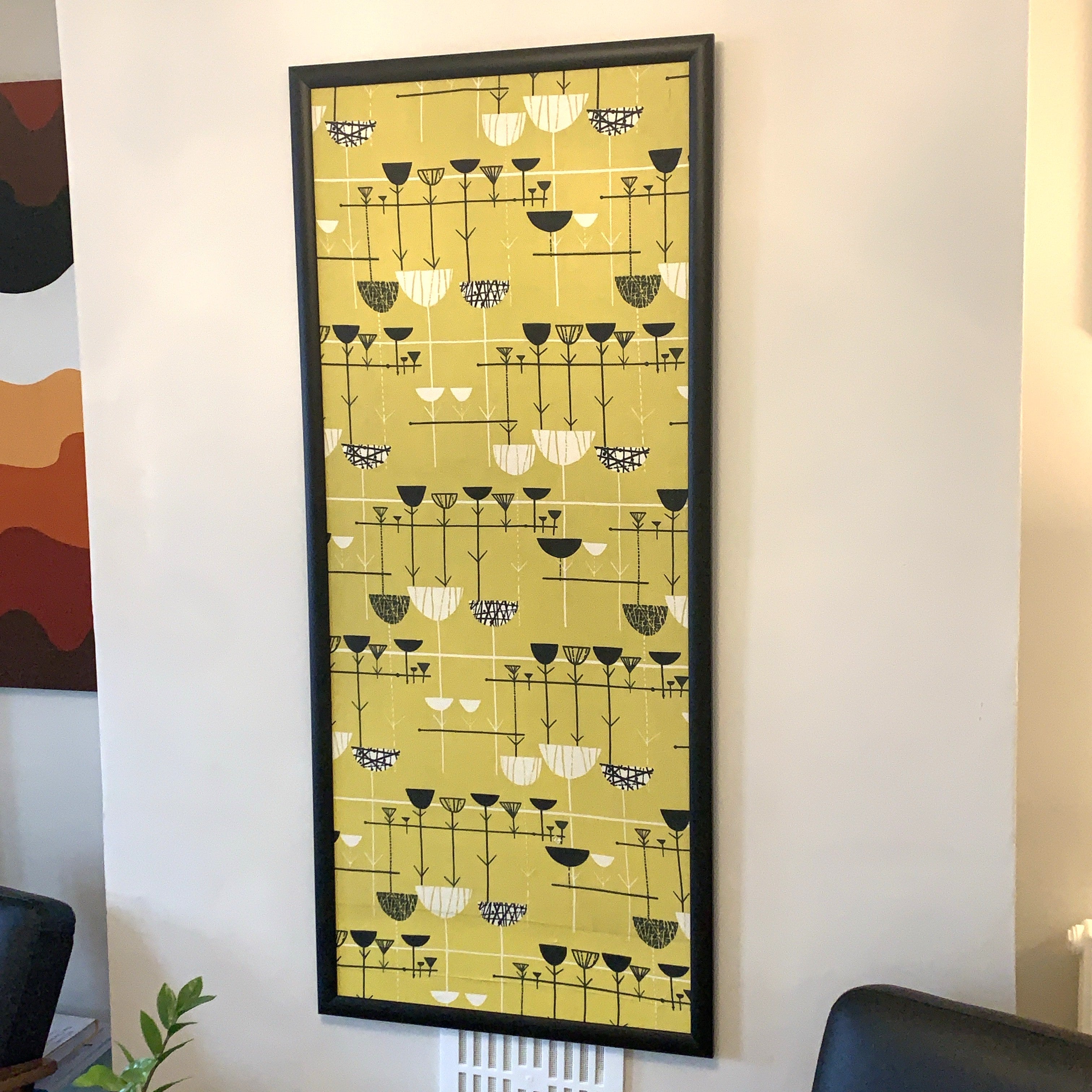 Marian Mahler Linear Flowers 1953 David Whitehead Textile Wall Art – Mid Century Modern Framed Panel
