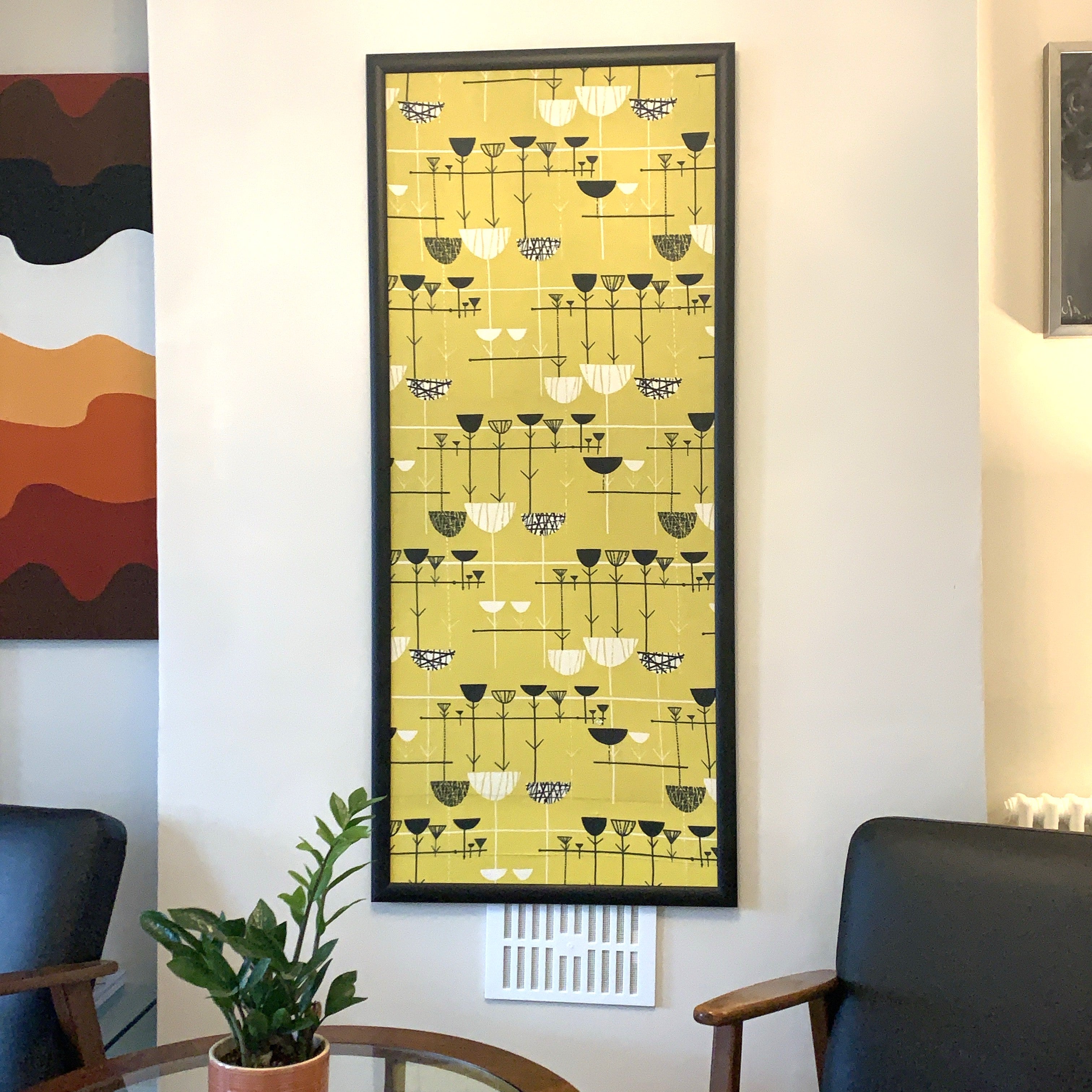 Marian Mahler Linear Flowers 1953 David Whitehead Textile Wall Art – Mid Century Modern Framed Panel