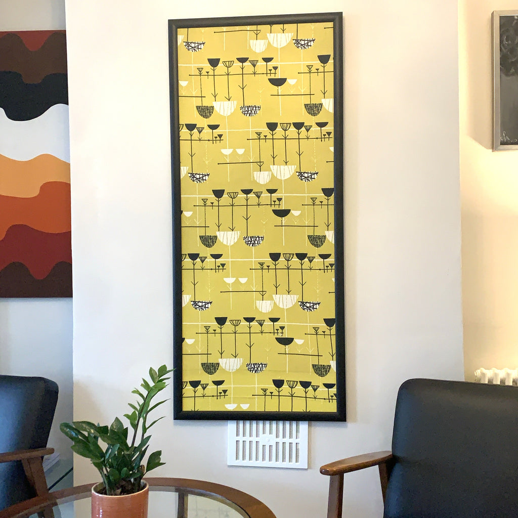 Marian Mahler Linear Flowers 1953 David Whitehead Textile Wall Art – Mid Century Modern Framed Panel