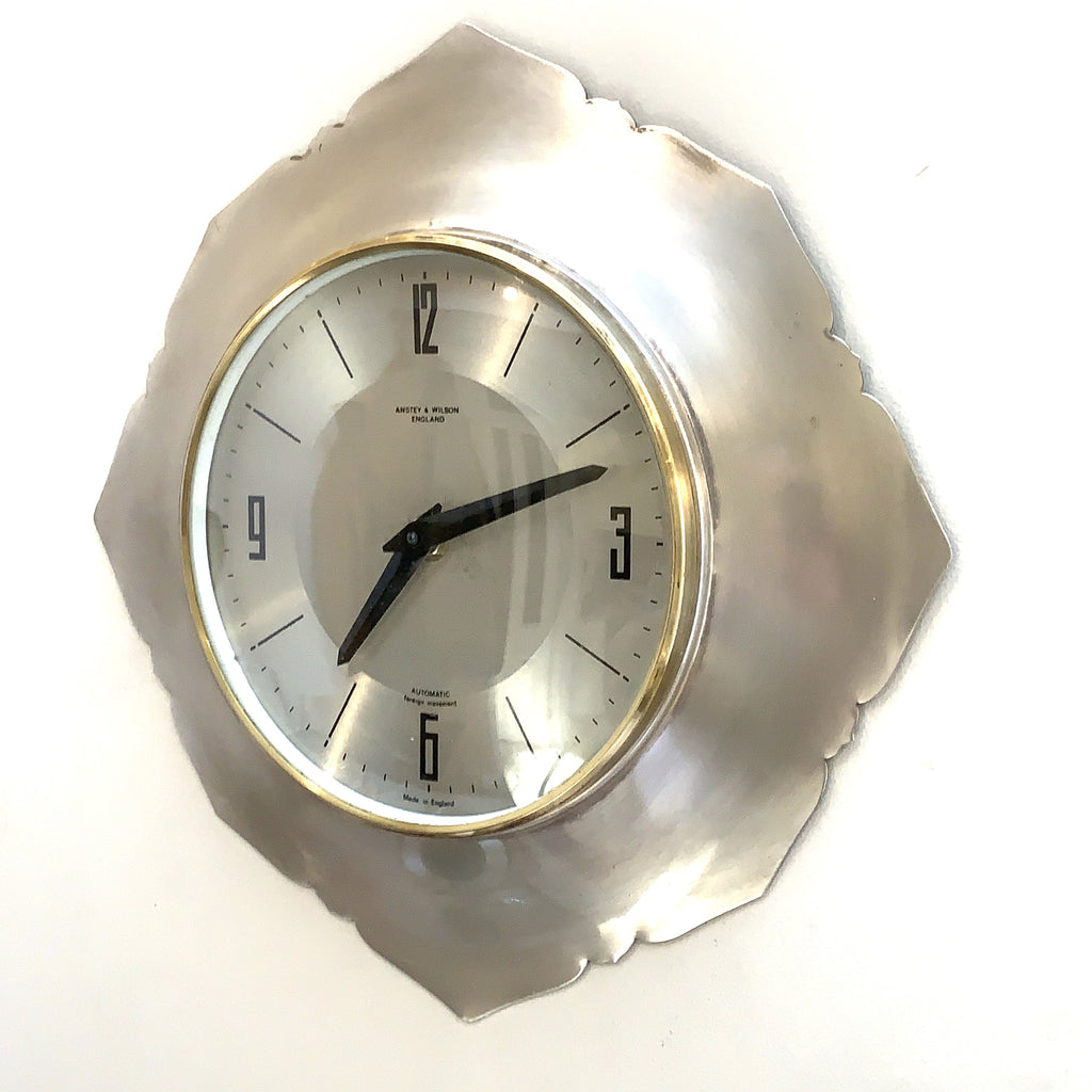 Anstey Wilson England Wall Clock, Scalloped Aluminium, Brass Bezel, 1960s, Automatic, Quartz