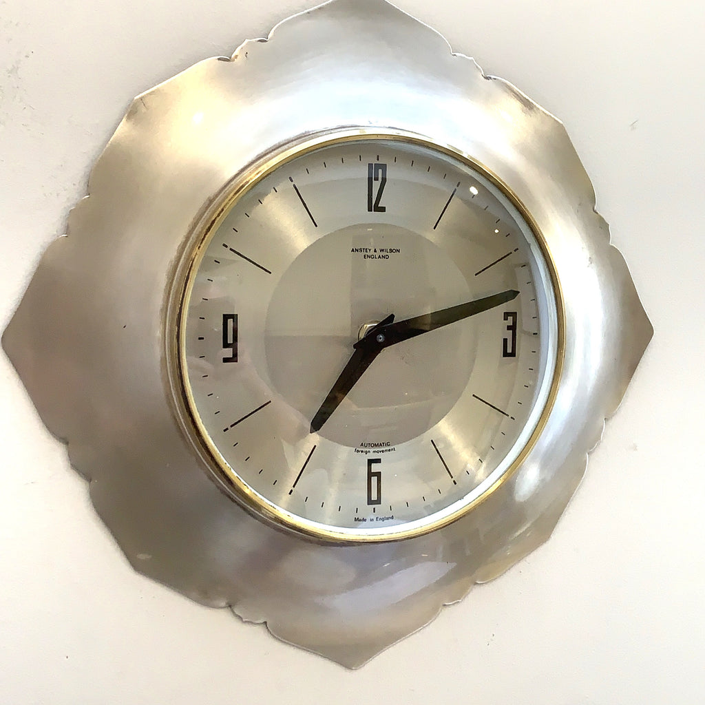 Anstey Wilson England Wall Clock, Scalloped Aluminium, Brass Bezel, 1960s, Automatic, Quartz