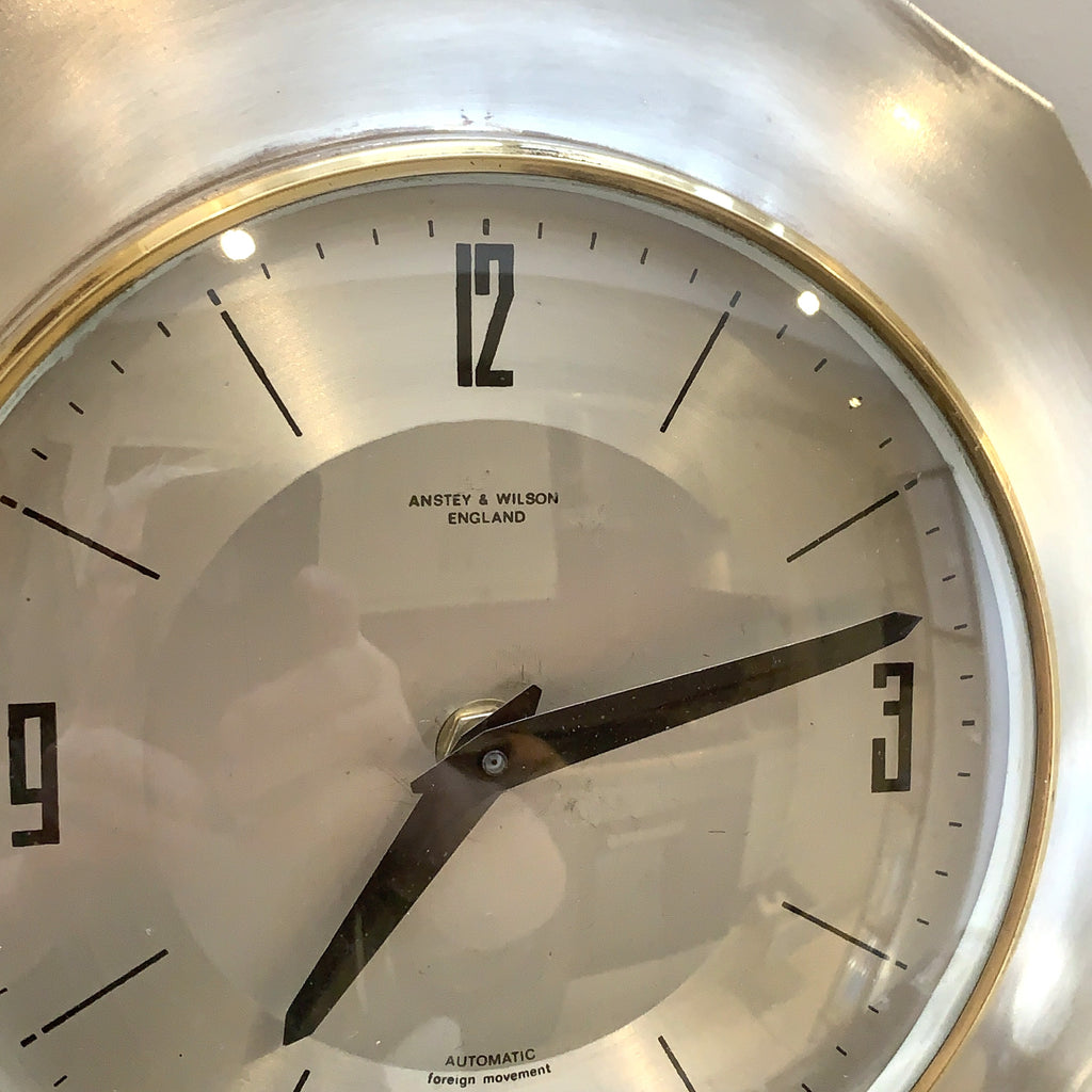 Anstey Wilson England Wall Clock, Scalloped Aluminium, Brass Bezel, 1960s, Automatic, Quartz