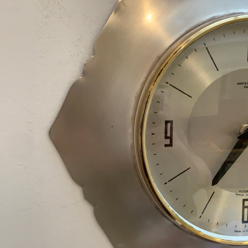 Anstey Wilson England Wall Clock, Scalloped Aluminium, Brass Bezel, 1960s, Automatic, Quartz