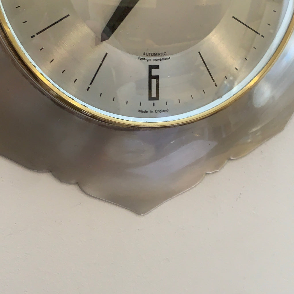 Anstey Wilson England Wall Clock, Scalloped Aluminium, Brass Bezel, 1960s, Automatic, Quartz