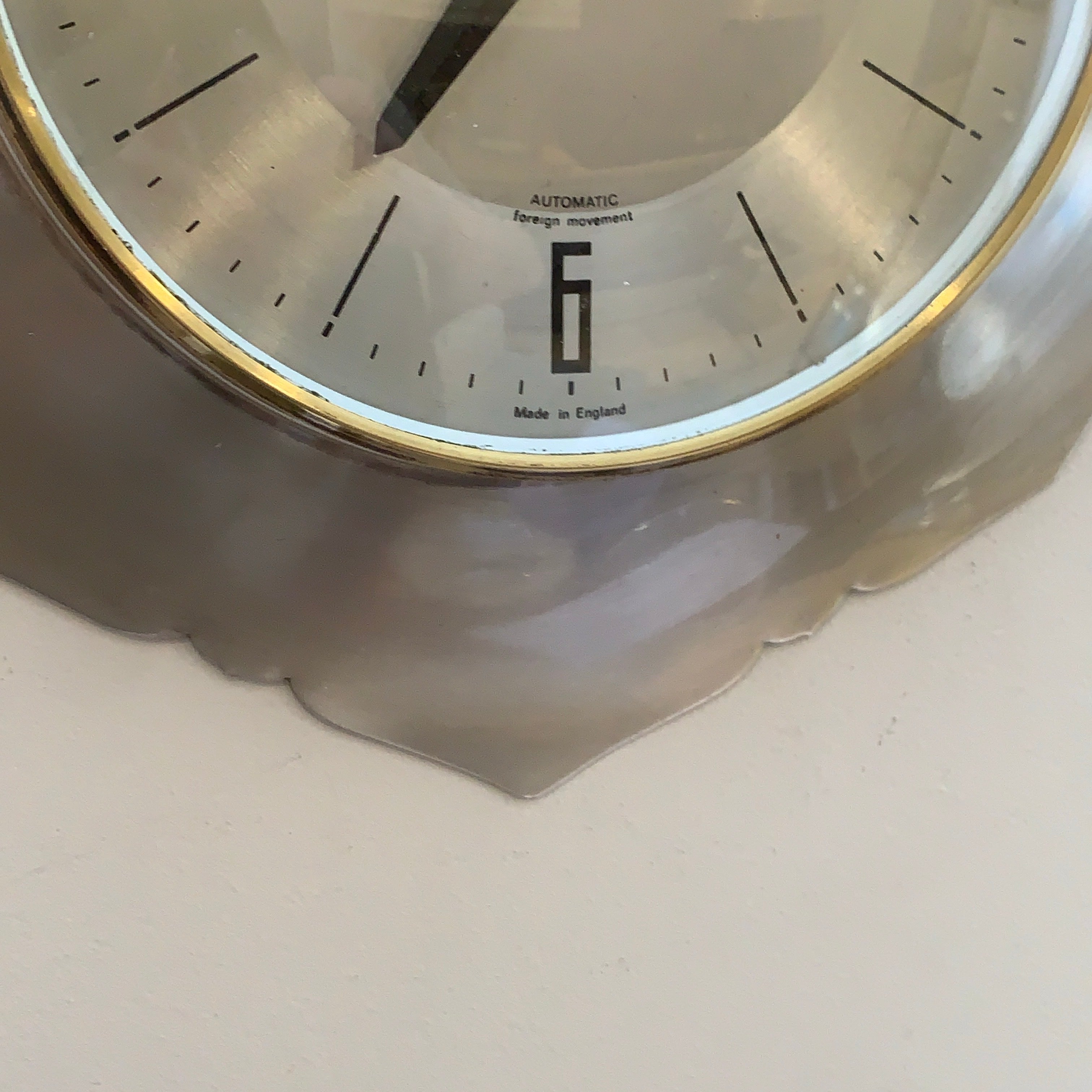 Anstey Wilson England Wall Clock, Scalloped Aluminium, Brass Bezel, 1960s, Automatic, Quartz