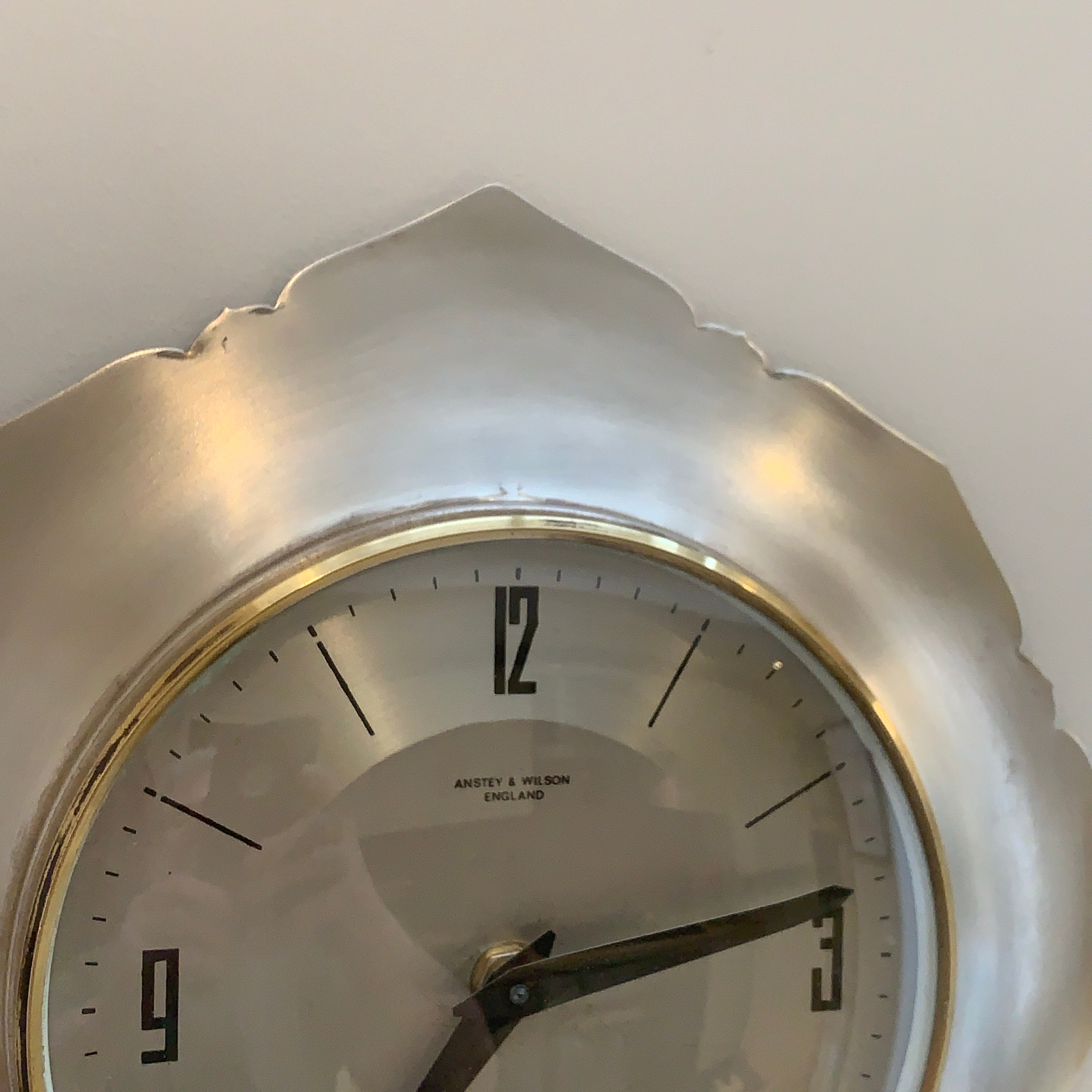 Anstey Wilson England Wall Clock, Scalloped Aluminium, Brass Bezel, 1960s, Automatic, Quartz