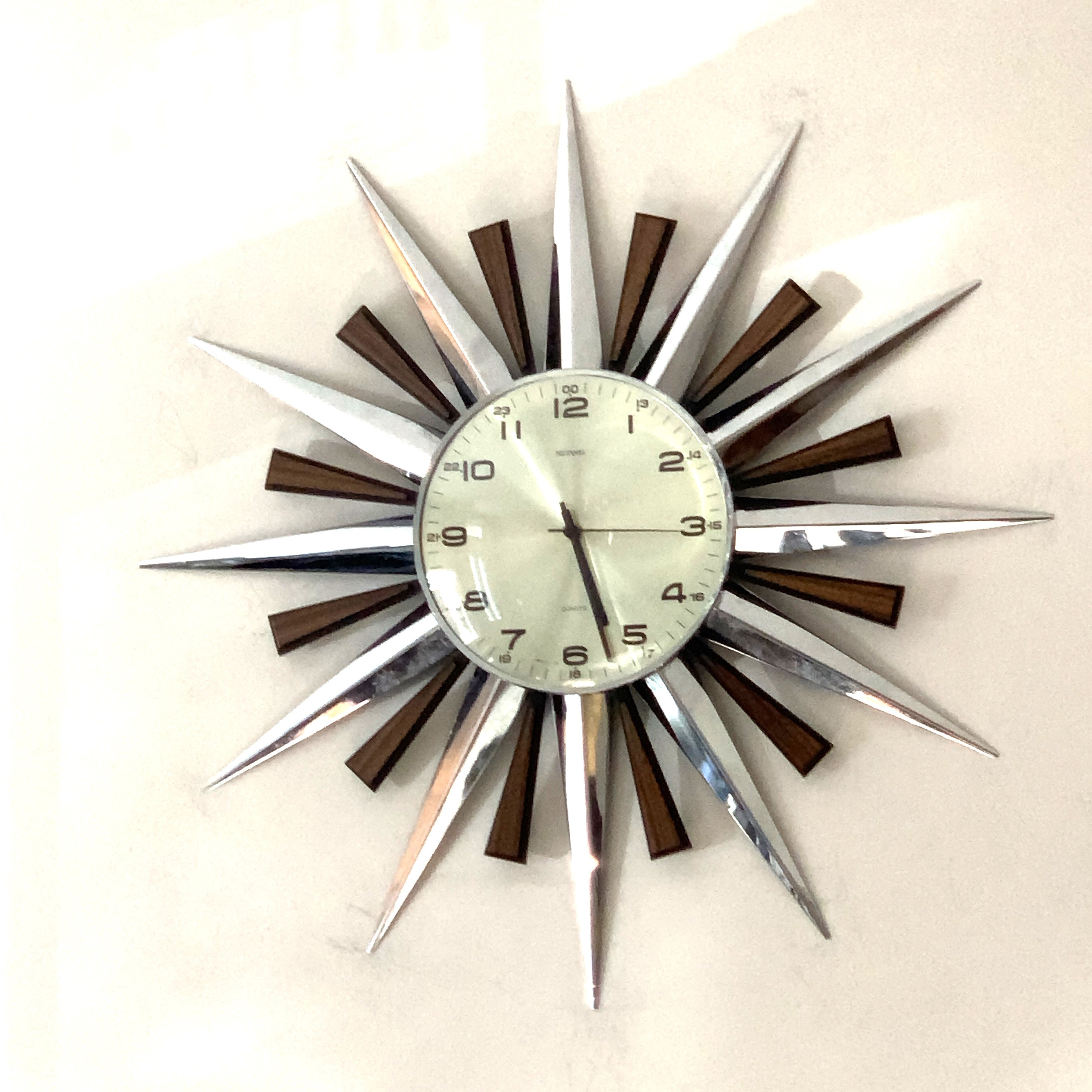 Metamec 5629 Starburst Wall Clock — Chrome & Teak, 24-Hour Dial, Original Movement, 1975–1979