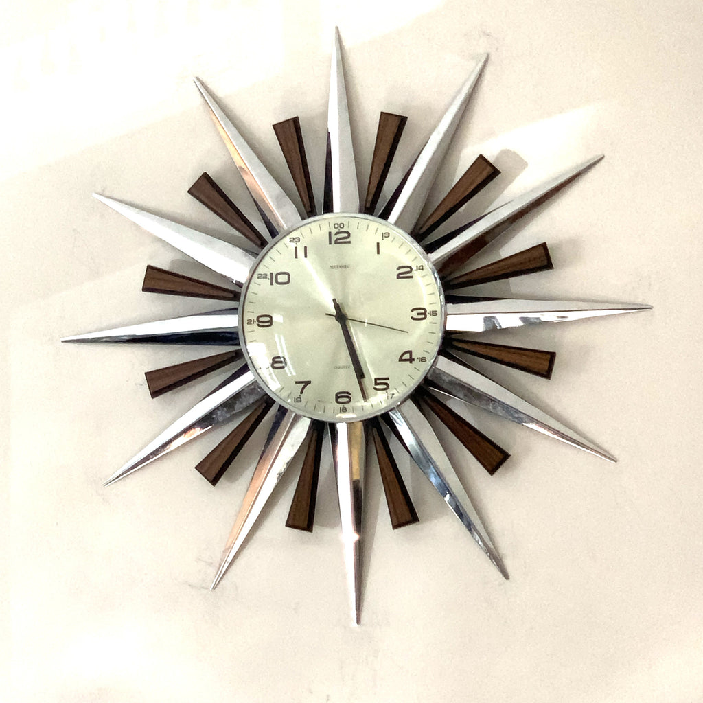Metamec 5629 Starburst Wall Clock — Chrome & Teak, 24-Hour Dial, Original Movement, 1975–1979