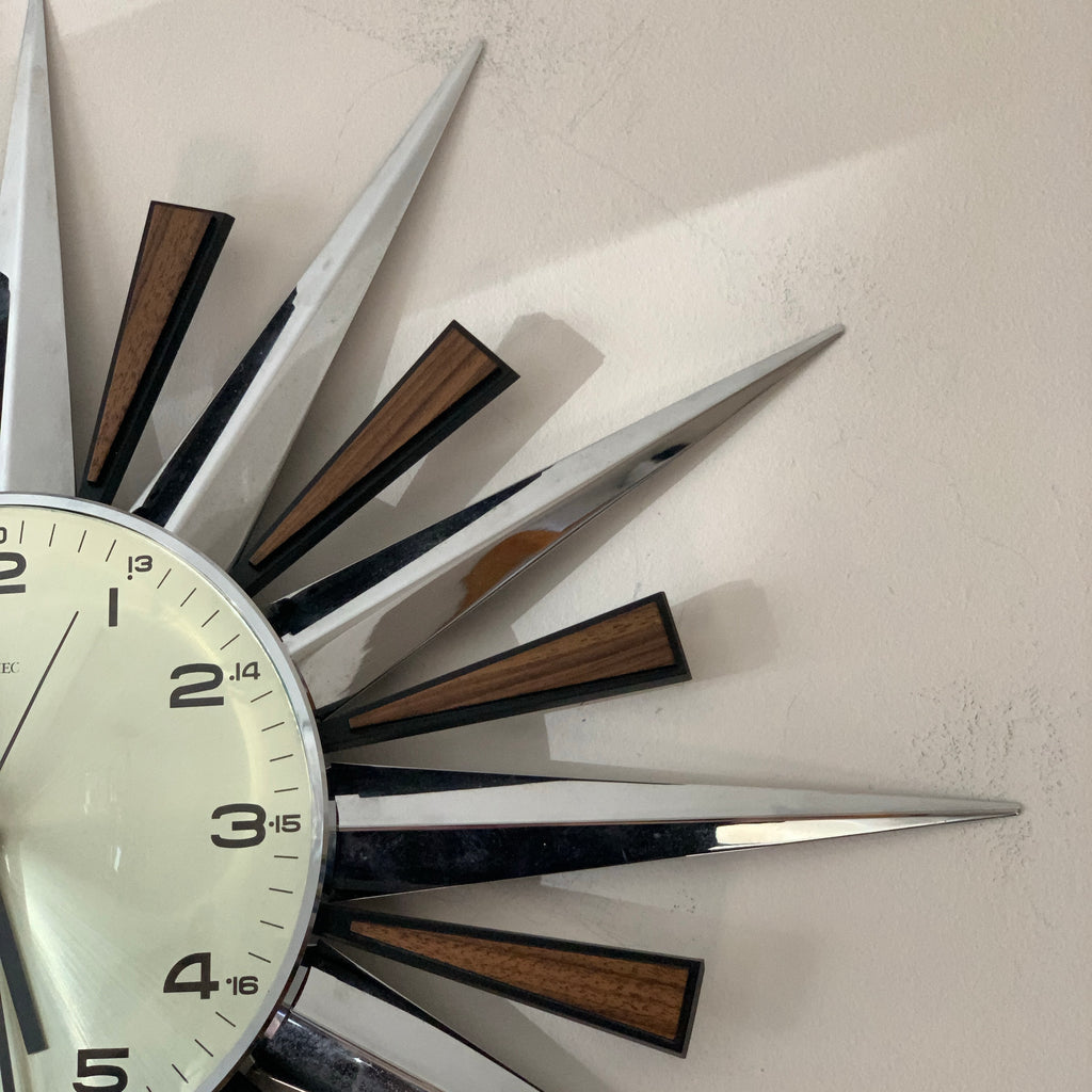 Metamec 5629 Starburst Wall Clock — Chrome & Teak, 24-Hour Dial, Original Movement, 1975–1979