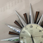 Metamec 5629 Starburst Wall Clock — Chrome & Teak, 24-Hour Dial, Original Movement, 1975–1979