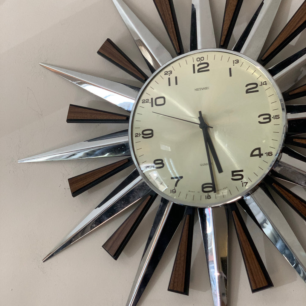 Metamec 5629 Starburst Wall Clock — Chrome & Teak, 24-Hour Dial, Original Movement, 1975–1979