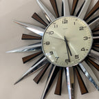 Metamec 5629 Starburst Wall Clock — Chrome & Teak, 24-Hour Dial, Original Movement, 1975–1979