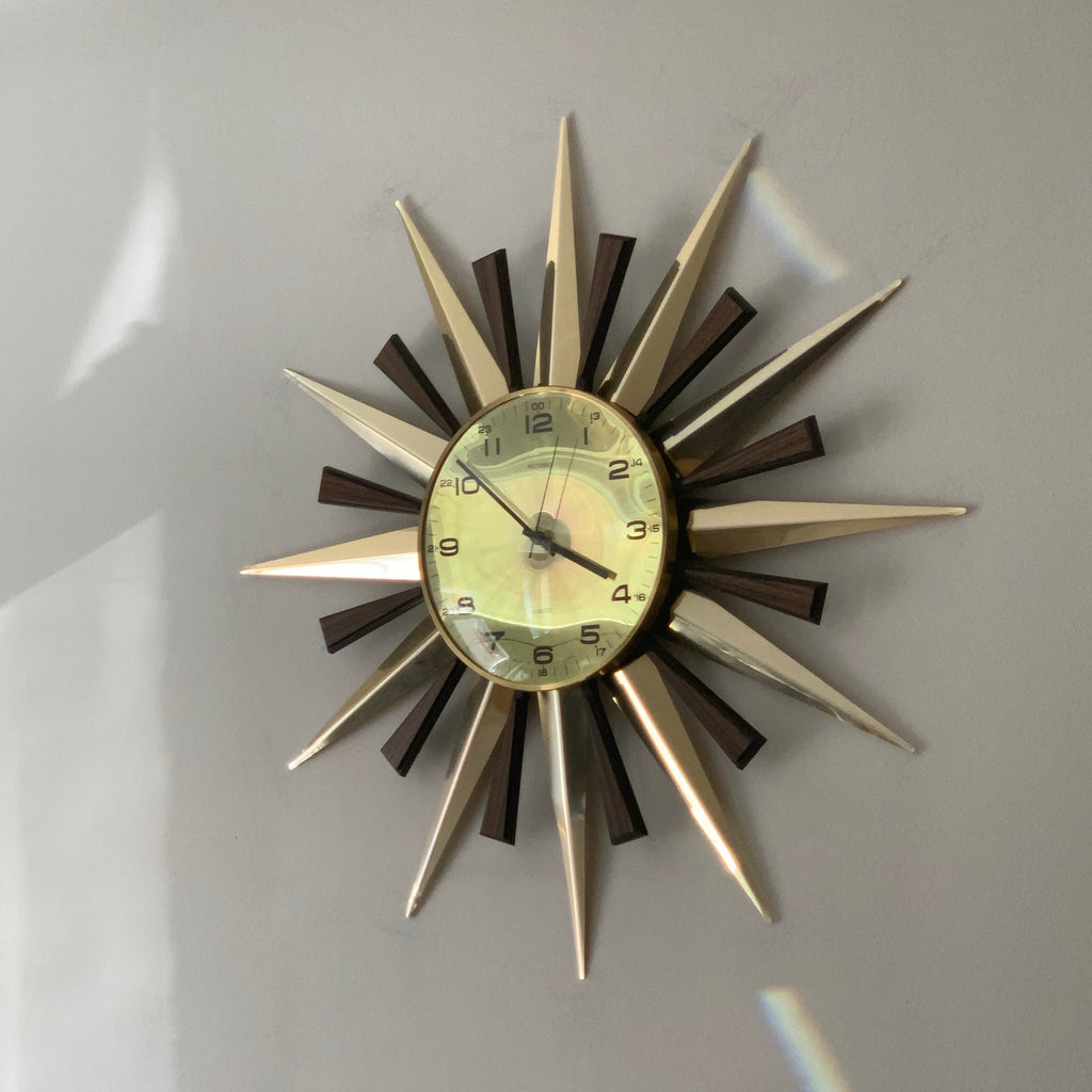 Metamec Sunburst Wall Clock, Model 5629 Brass Starburst 1970s Quartz 24 hour dial Reserved