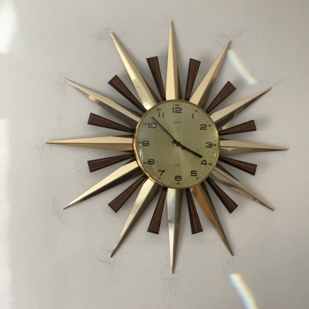 Metamec Sunburst Wall Clock, Model 5629 Brass Starburst 1970s Quartz 24 hour dial Reserved