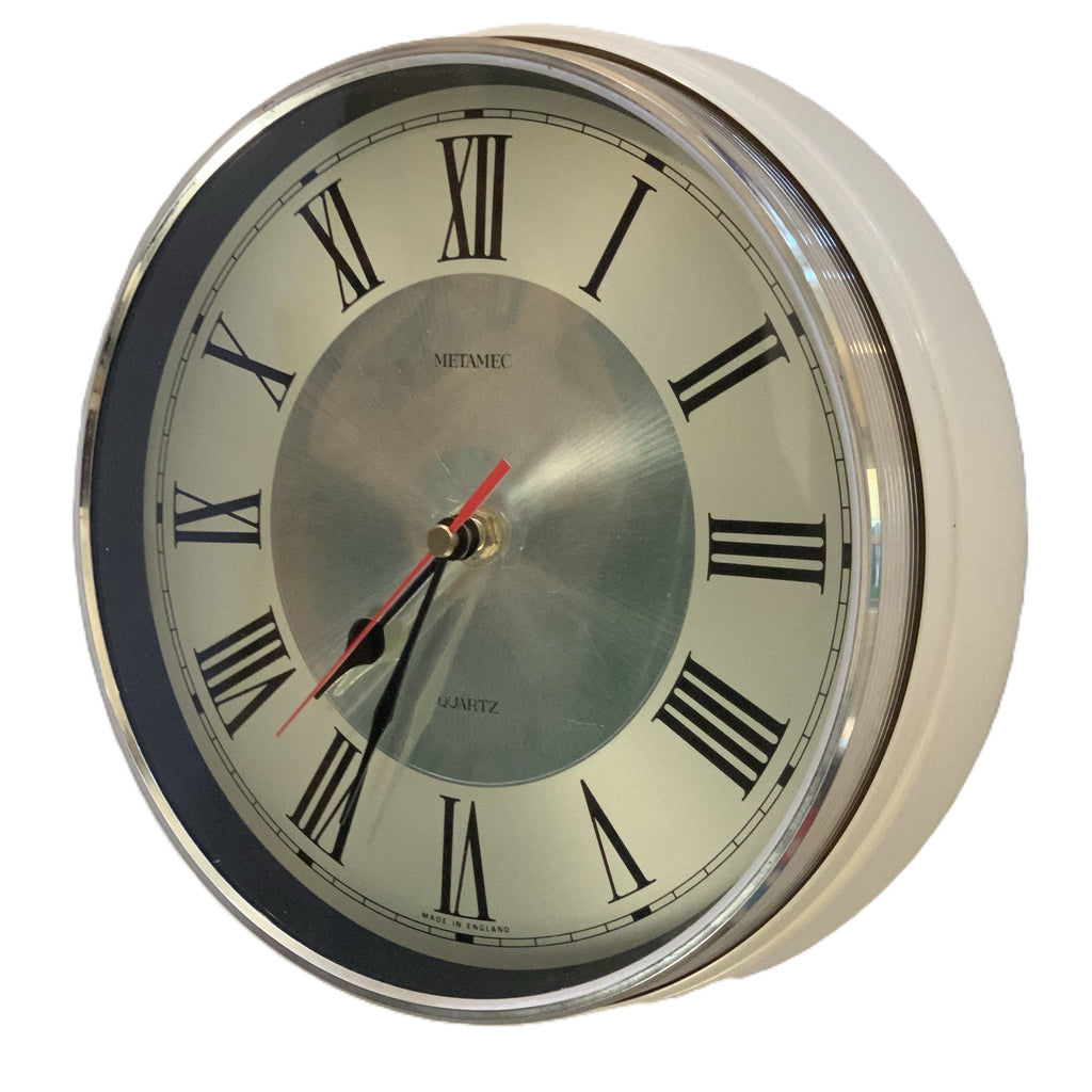 Vintage Metamec Wall Clock — Roman Numerals, Champagne Dial, Chrome Bezel, Cream Case, 1970s