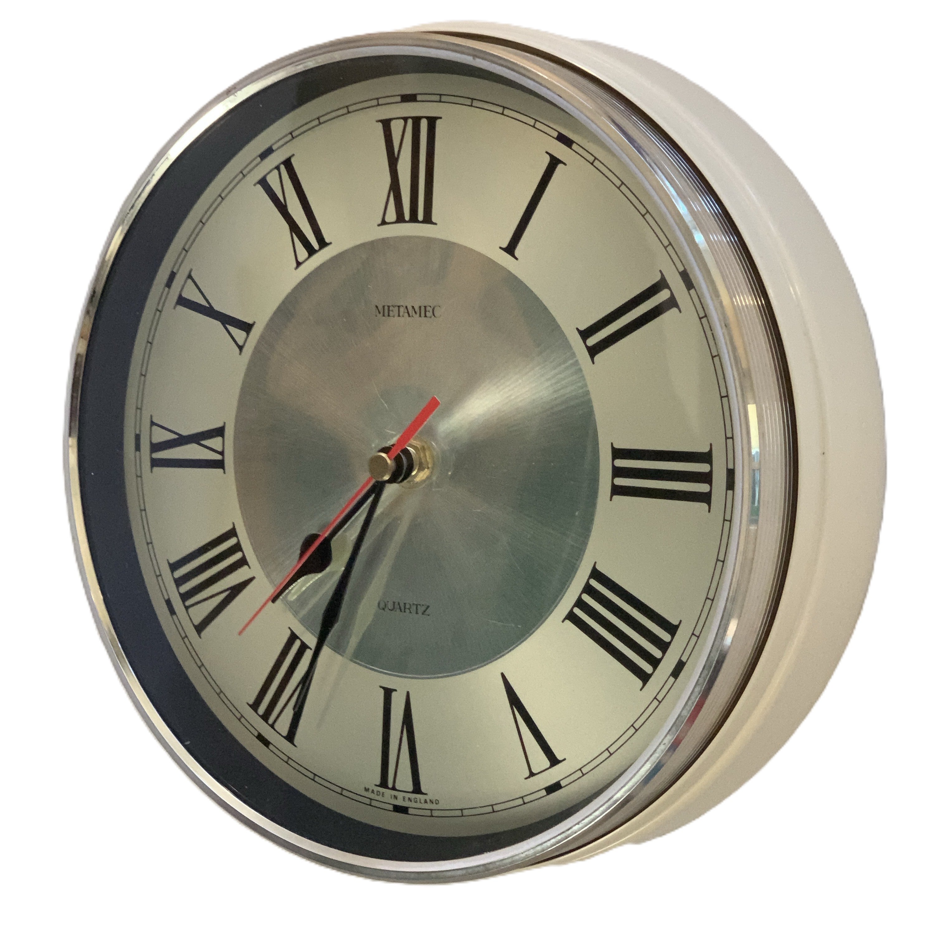 Vintage Metamec Wall Clock — Roman Numerals, Champagne Dial, Chrome Bezel, Cream Case, 1970s