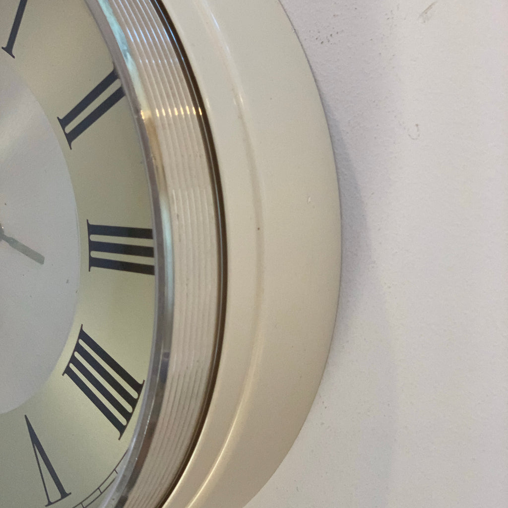 Vintage Metamec Wall Clock — Roman Numerals, Champagne Dial, Chrome Bezel, Cream Case, 1970s