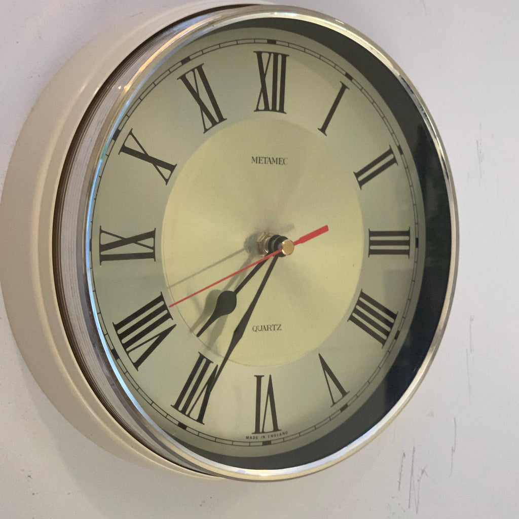 Vintage Metamec Wall Clock — Roman Numerals, Champagne Dial, Chrome Bezel, Cream Case, 1970s