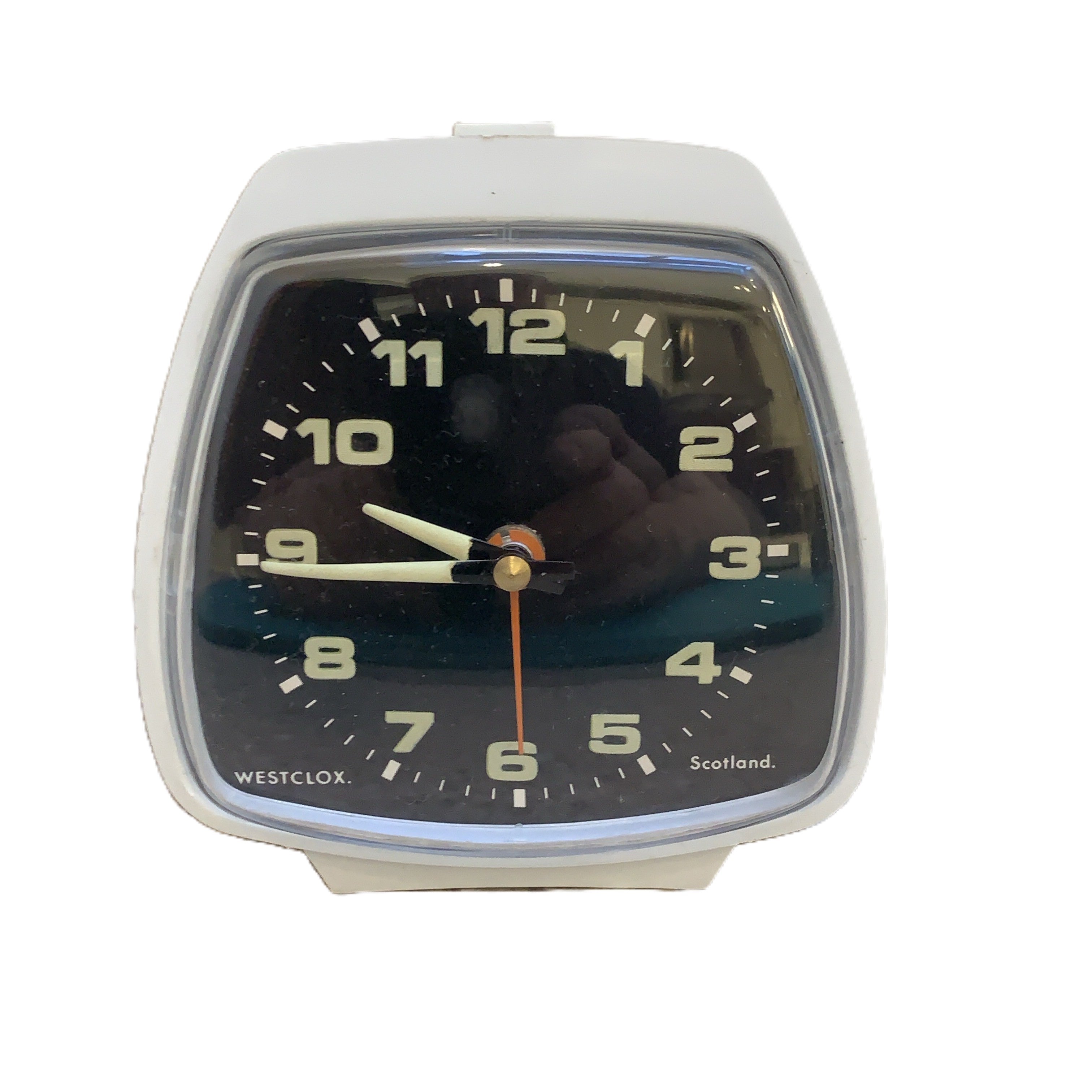Vintage Westclox Crest Alarm Clock — NOS, Boxed, White Case, Black Dial, Luminous Hands