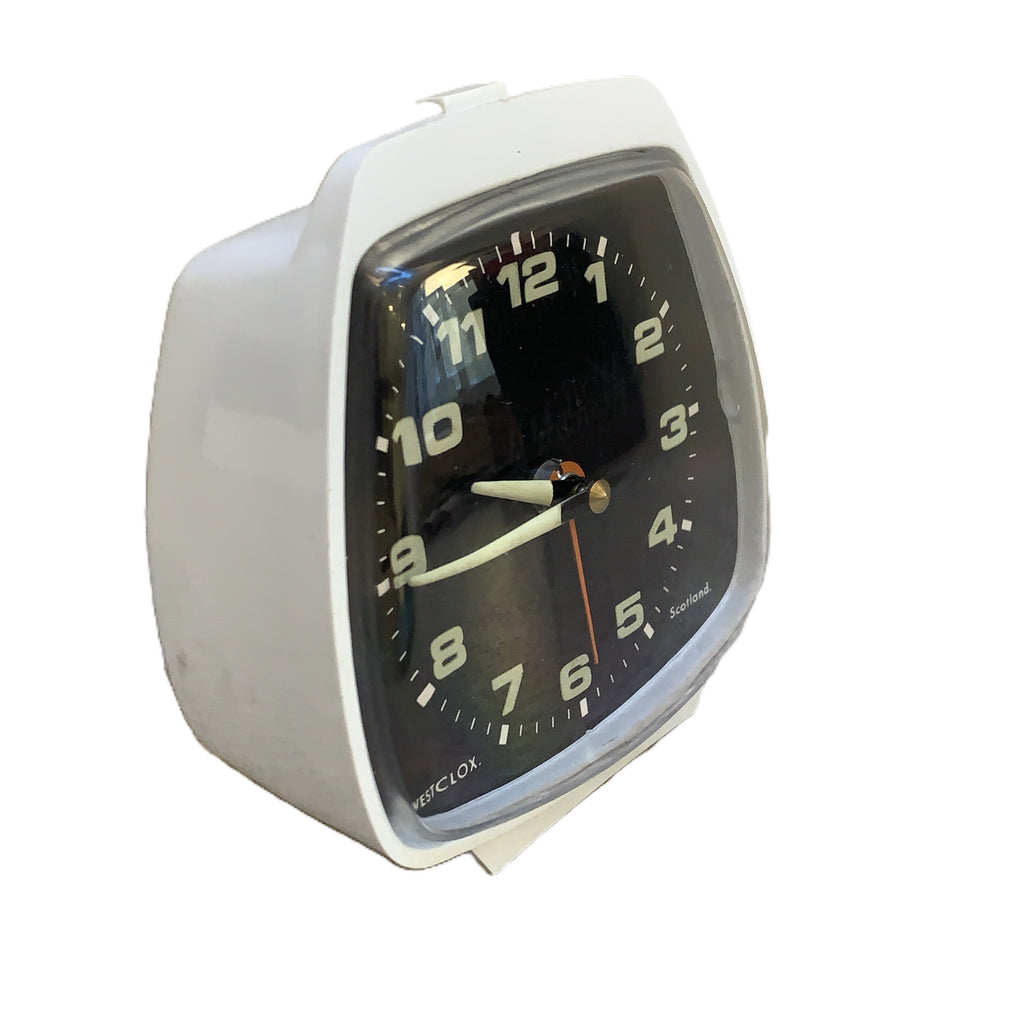 Vintage Westclox Crest Alarm Clock — NOS, Boxed, White Case, Black Dial, Luminous Hands