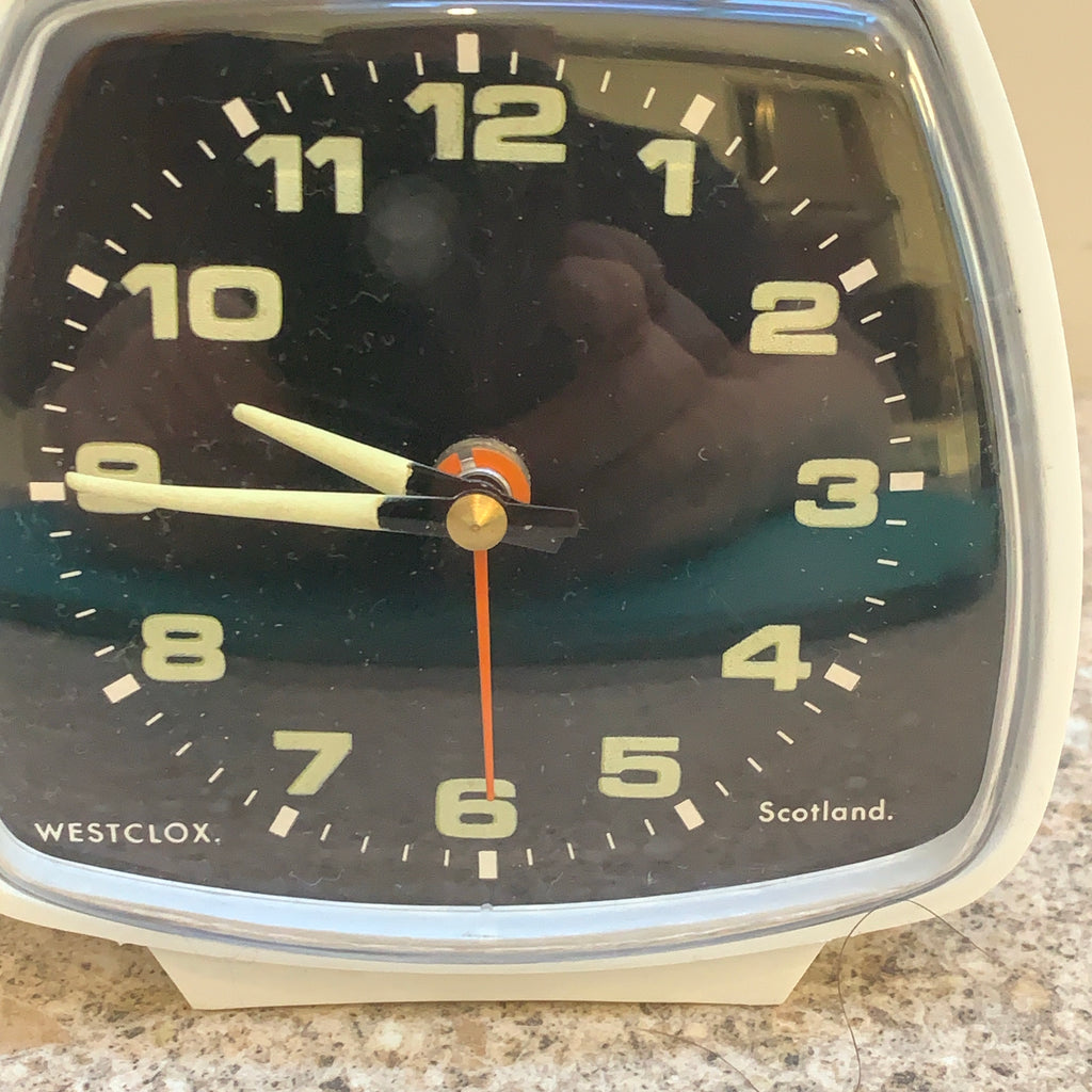 Vintage Westclox Crest Alarm Clock — NOS, Boxed, White Case, Black Dial, Luminous Hands